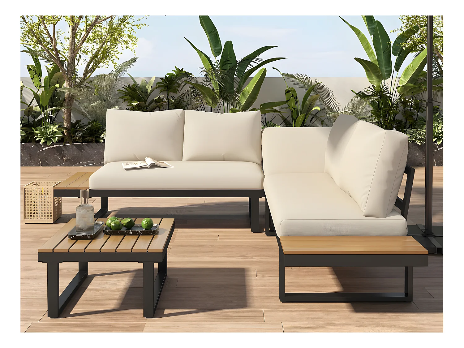 Muebles de jardín de acero galvanizado gris - 5 plazas - 2 sofás, 1 rinconera reclinable y 1 mesa de centro - Beige