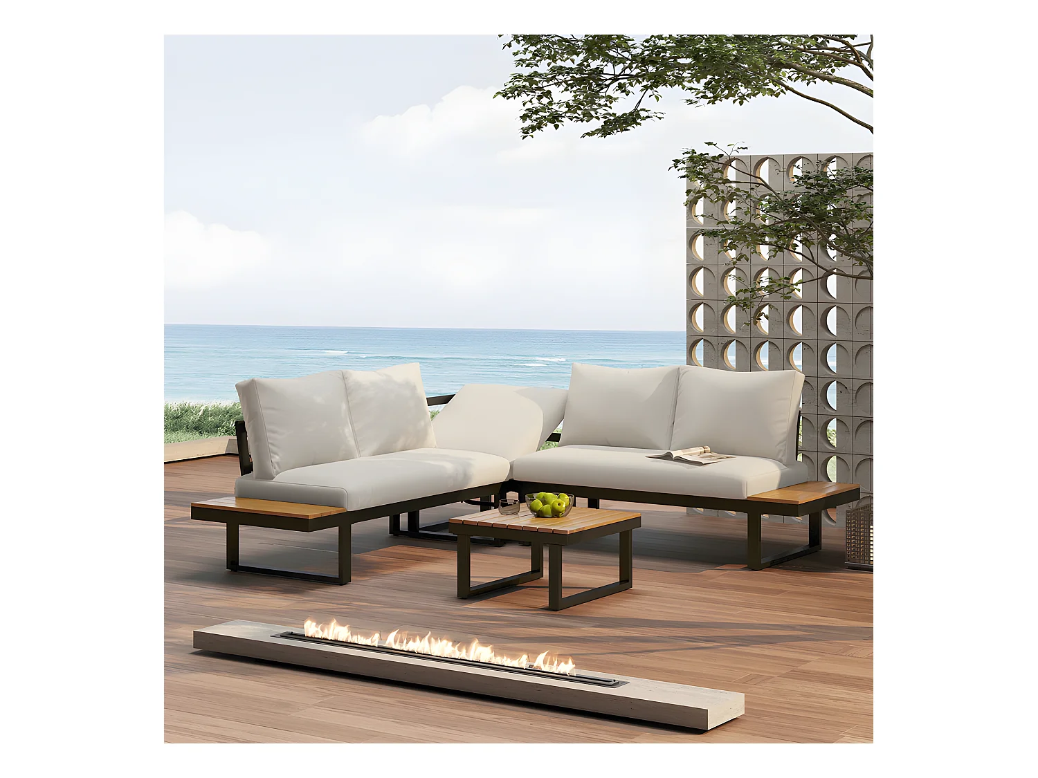 Gartenmöbel aus grau verzinktem Stahl – 5 Plätze – 2 Sofas, 1 Eckliegesitz und 1 Couchtisch – Beige