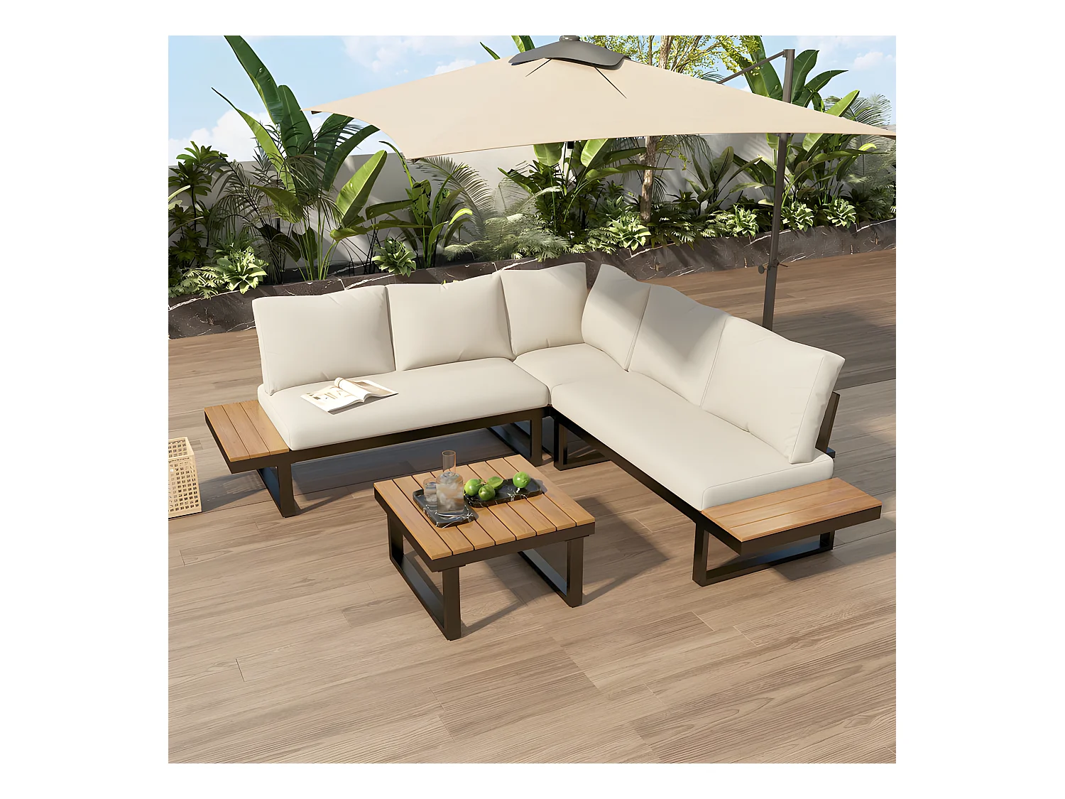 Gartenmöbel aus grau verzinktem Stahl – 5 Plätze – 2 Sofas, 1 Eckliegesitz und 1 Couchtisch – Beige