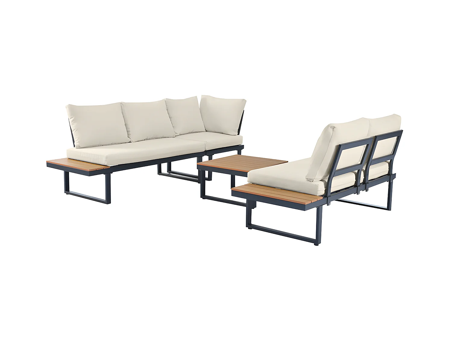 Gartenmöbel aus grau verzinktem Stahl – 5 Plätze – 2 Sofas, 1 Eckliegesitz und 1 Couchtisch – Beige