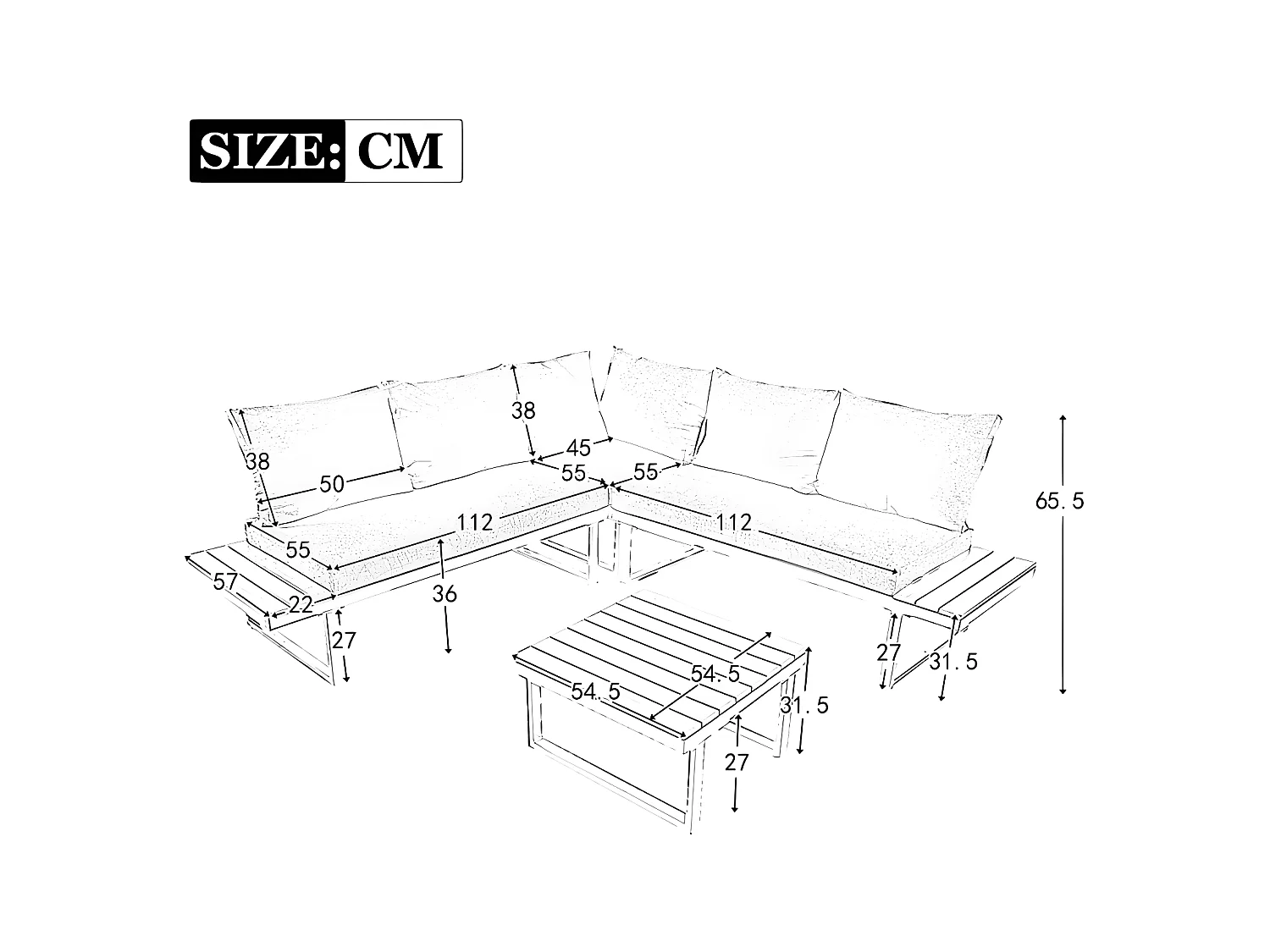Gartenmöbel aus grau verzinktem Stahl – 5 Plätze – 2 Sofas, 1 Eckliegesitz und 1 Couchtisch – Beige