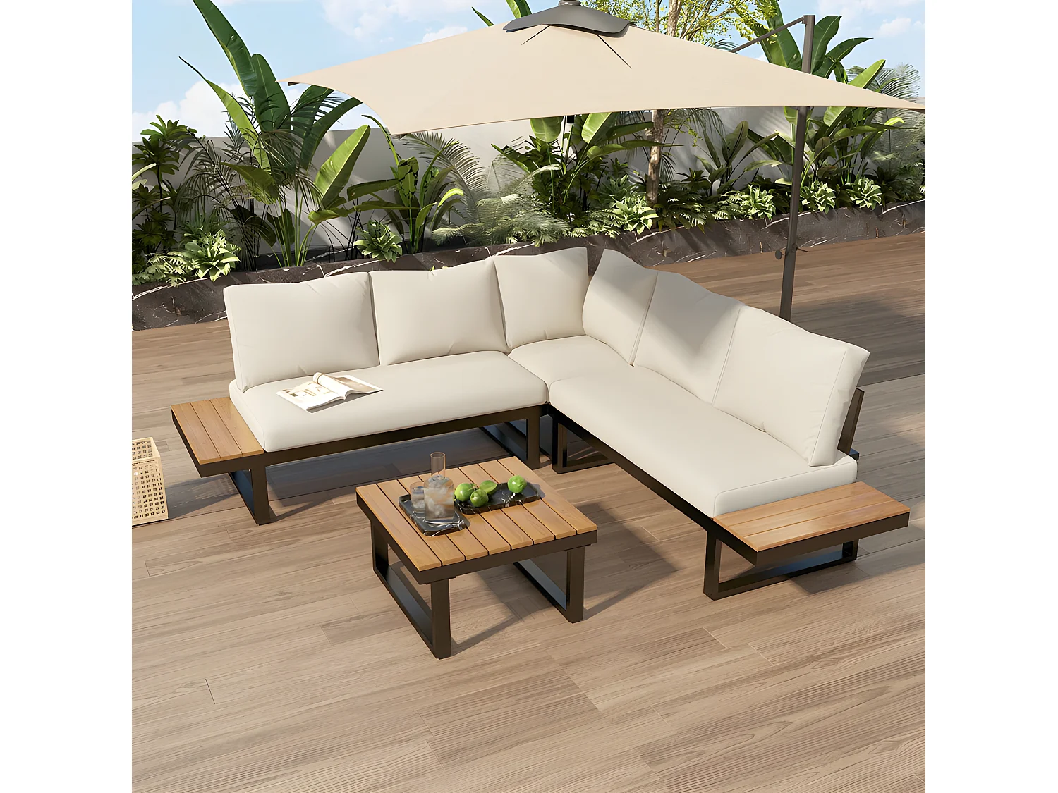 Muebles de jardín de acero galvanizado gris - 5 plazas - 2 sofás, 1 rinconera reclinable y 1 mesa de centro - Beige