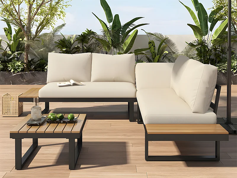 Muebles de jardín de acero galvanizado gris - 5 plazas - 2 sofás, 1 rinconera reclinable y 1 mesa de centro - Beige