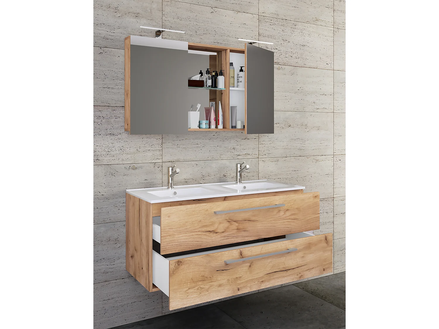 Bathroom furniture washbasin Budasi Honey oak H. 127 x W. 112 x D. 46 cm