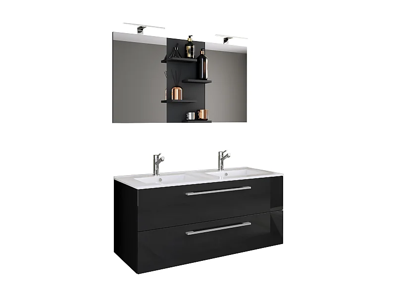 VCM 3 pcs Lavatório duplo | 2x lavatório | Móveis de casa de banho com armário inferior, pia e espelho | Lavatório duplo | Conjunto completo Budasi SP (Preto)