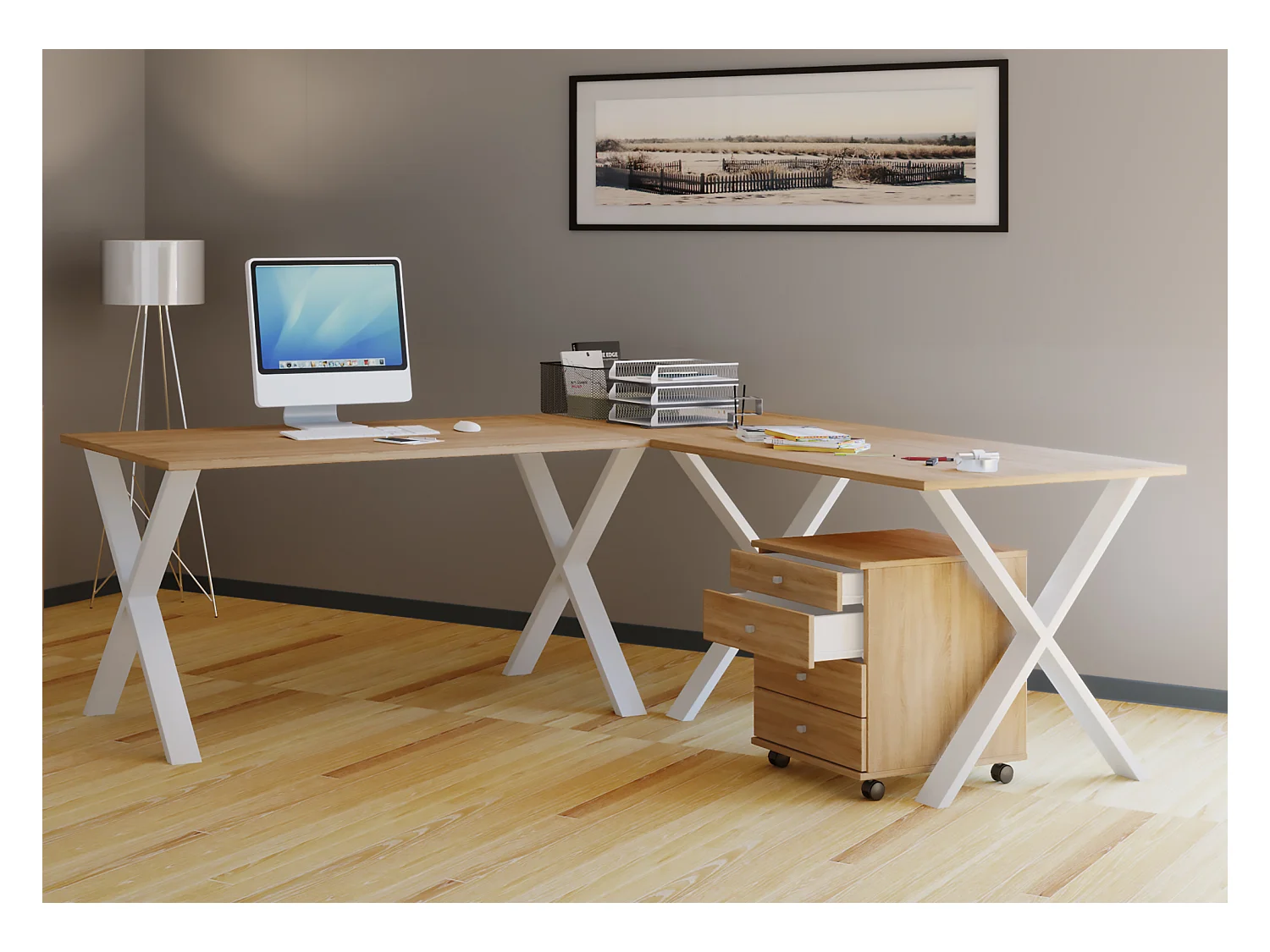 Desk Lona White / Sonoma oak H. 76 x W. 190 x D. 190 cm