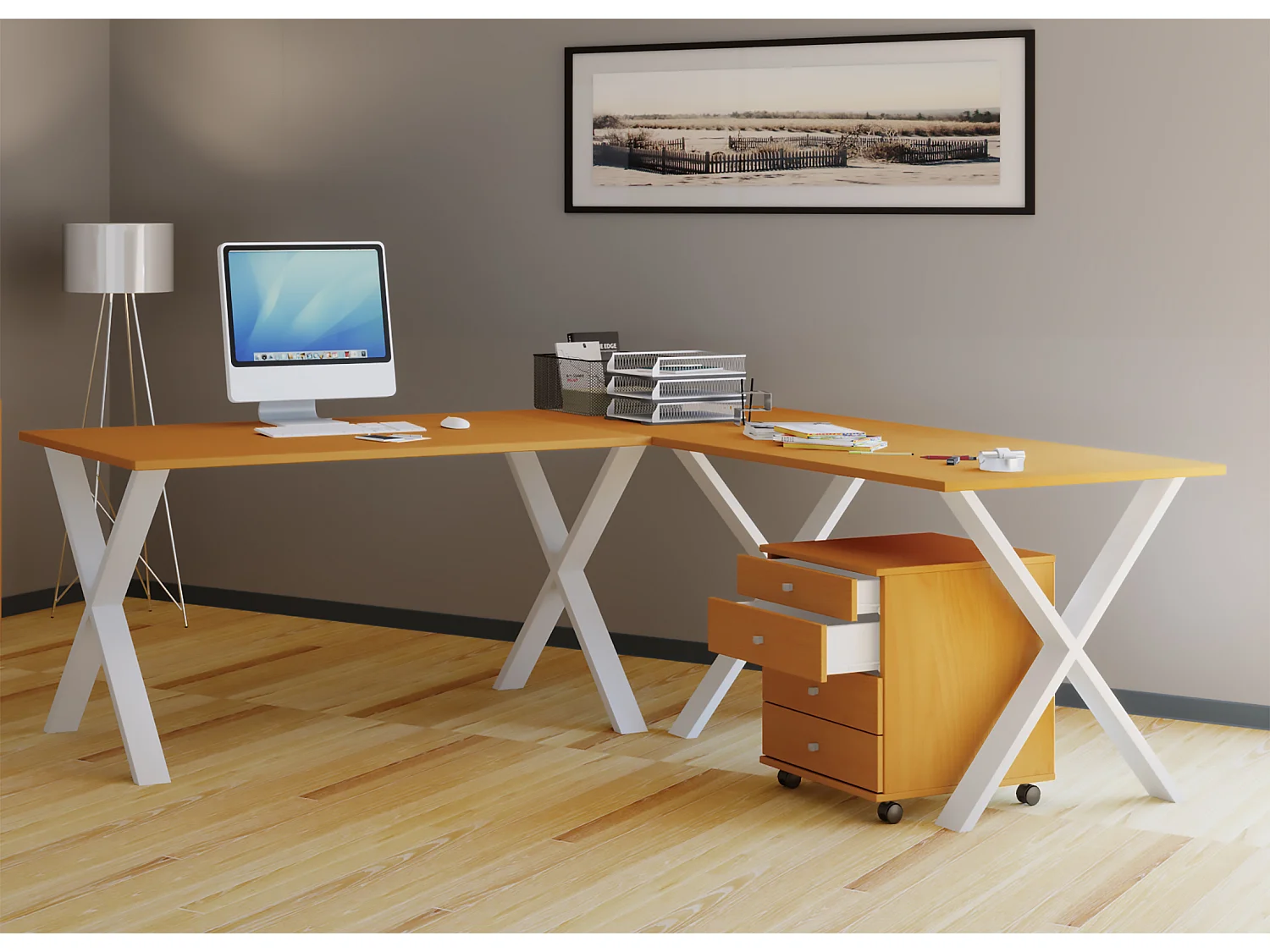 Desk Lona White / Beech H. 76 x W. 190 x D. 190 cm