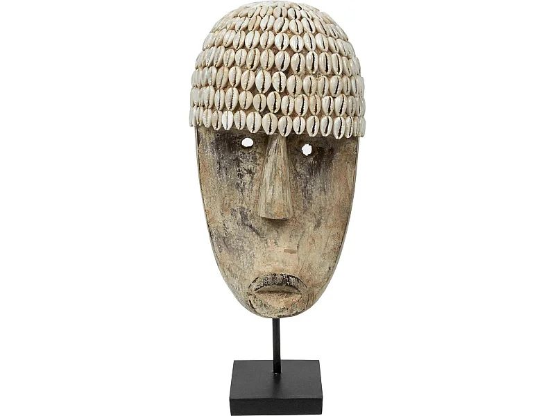 Masque cauri ethnique sur pied en bois