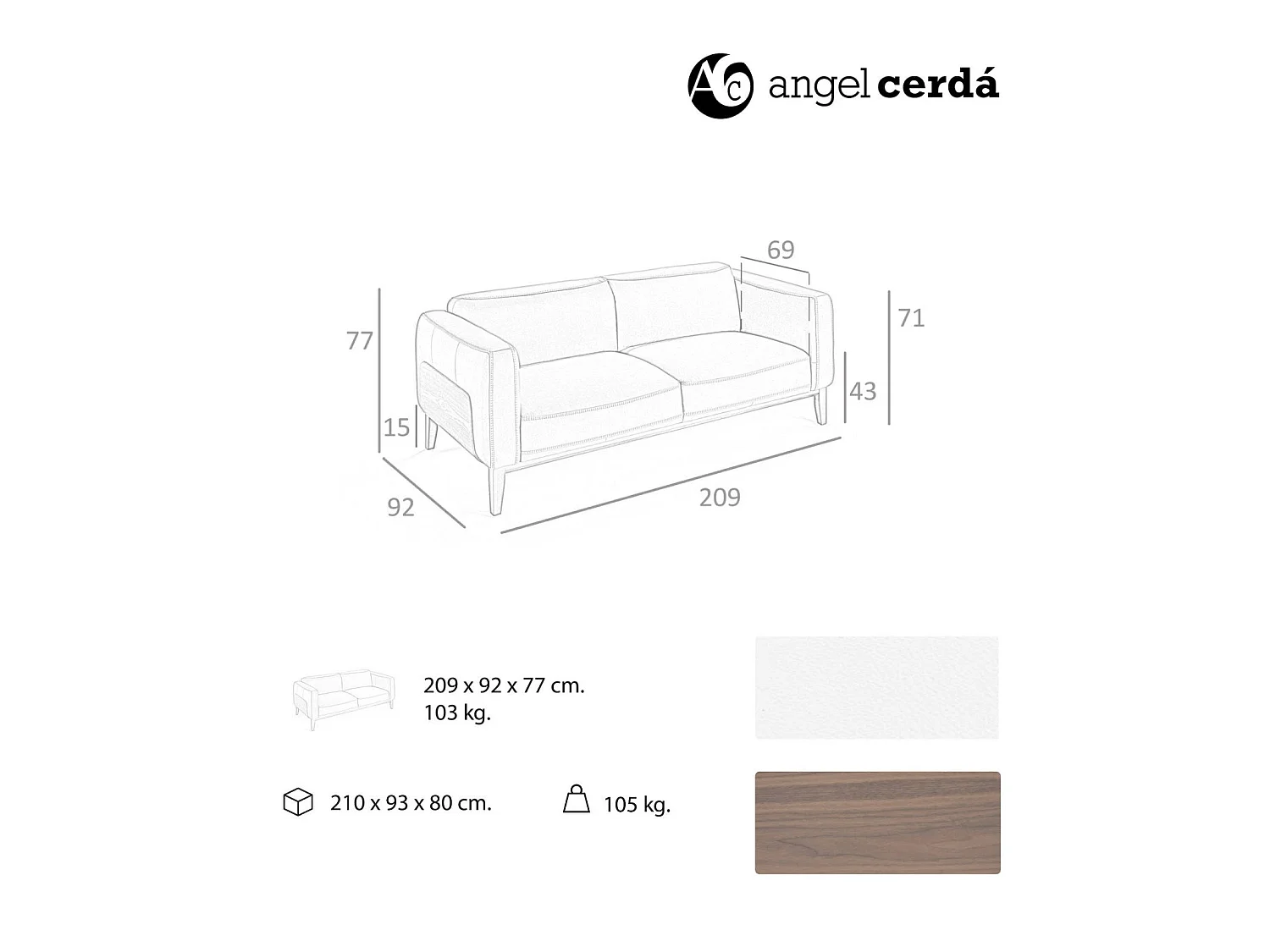 Canapé 3 places recouvert de cuir vachette structure bois massif pieds et insert noyer