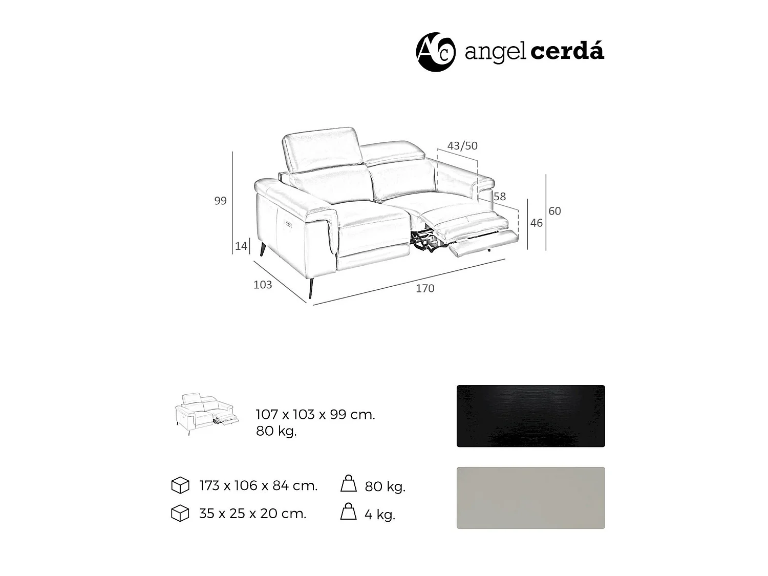 Canapé 2 places cuir vachette appuis-tête articulés mécanismes électriques pieds acier massif