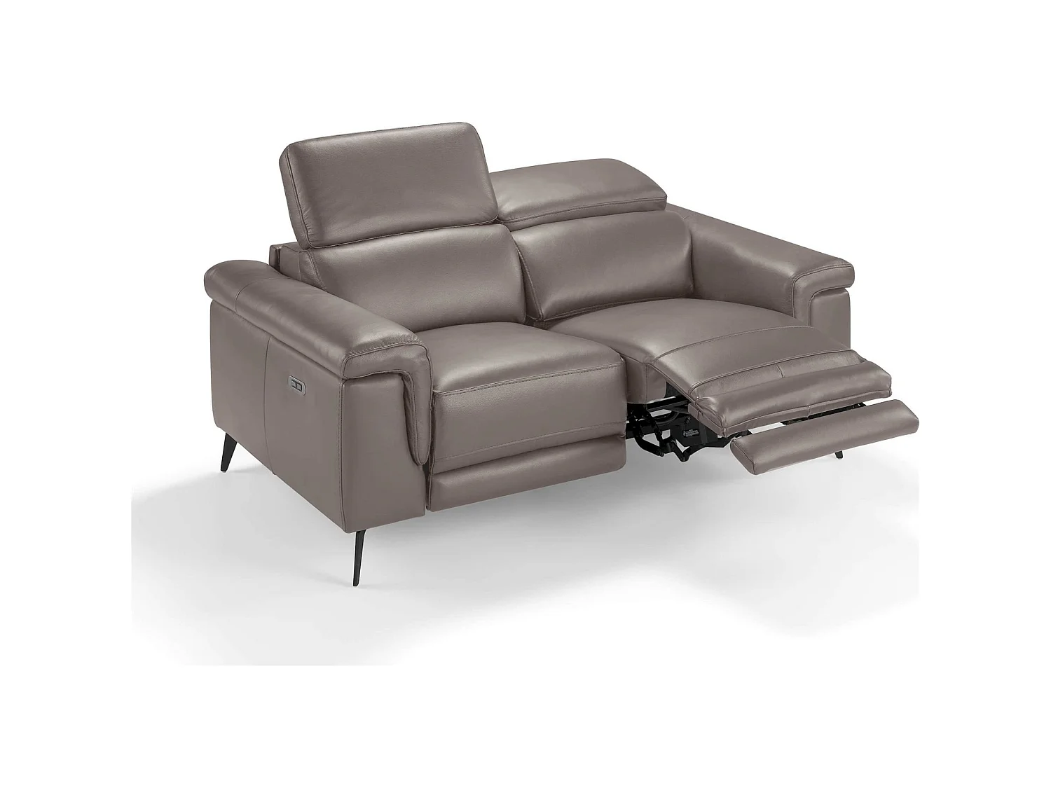 Canapé 2 places cuir vachette simili structure bois appuis-tête articulés pieds acier peint