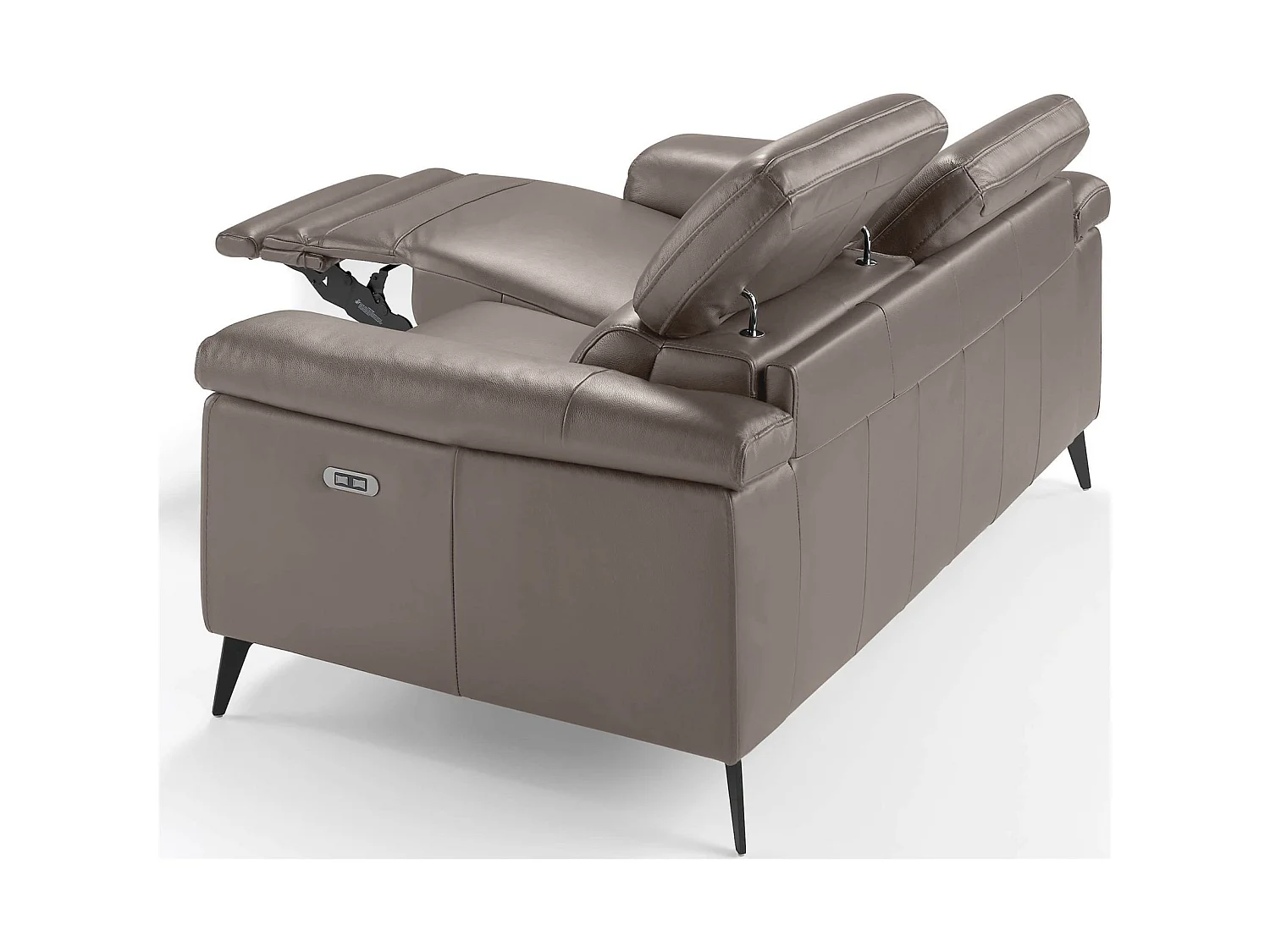 Canapé 2 places cuir vachette simili structure bois appuis-tête articulés pieds acier peint