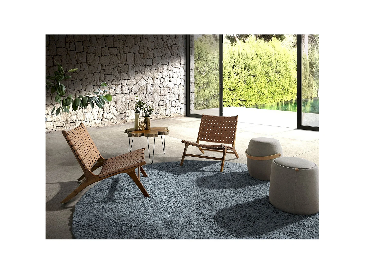 Pouf rembourré tissu avec poignée en cuir