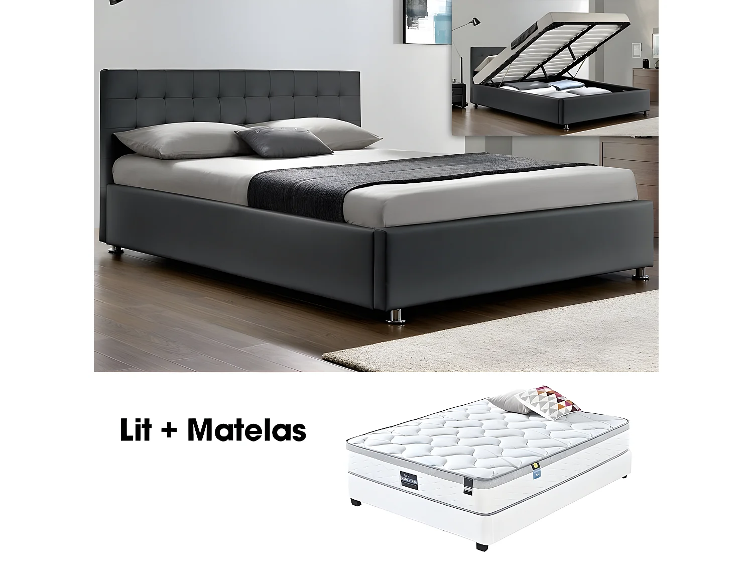 Lit Complet Capitole + Matelas Romance 160 Gris