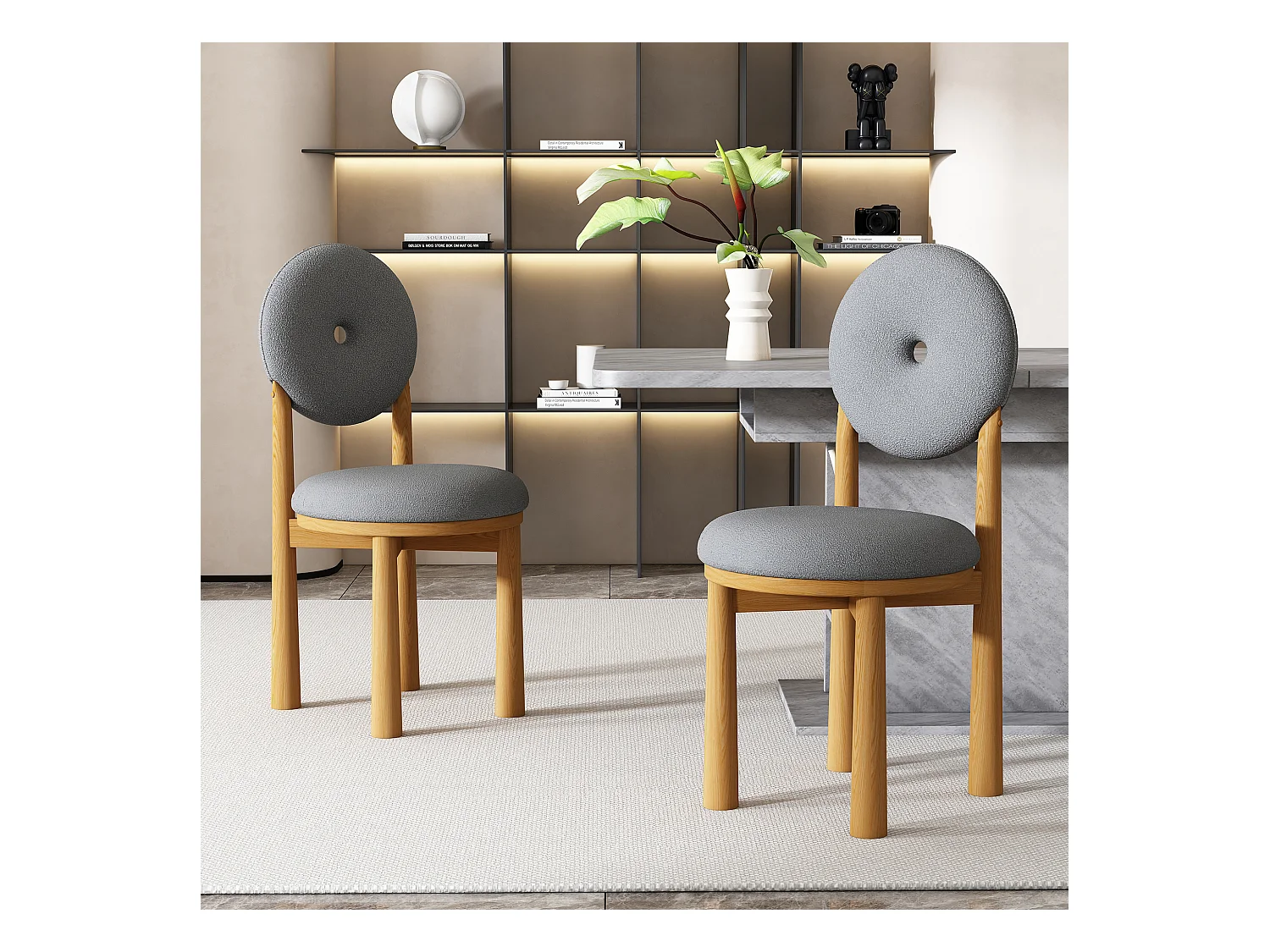 Lot de 4 chaises de salle à manger en tissu Sherpa - Pièds en bois d'hévéa - Style moderne - Gris