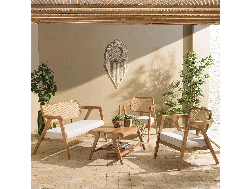 WILL - Ensemble canapé 2 p. 2 fauteuils 1 table basse en bois de teck