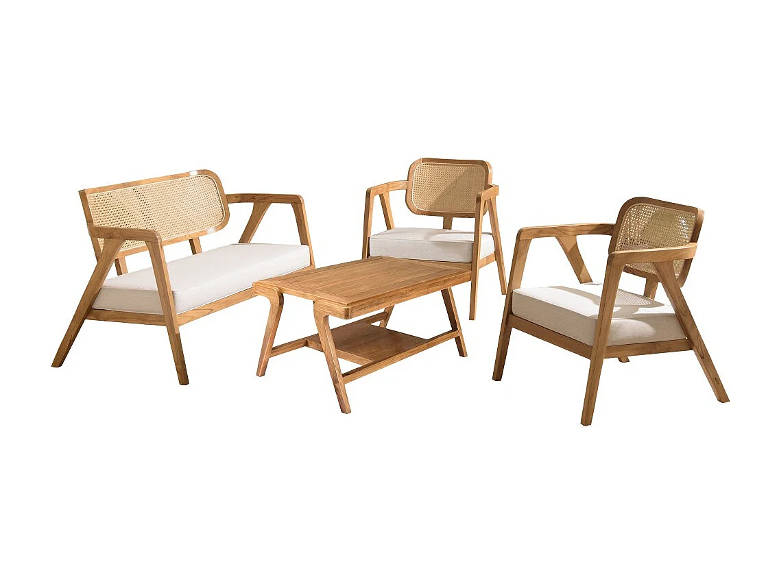WILL - Ensemble canapé 2 p. 2 fauteuils 1 table basse en bois de teck