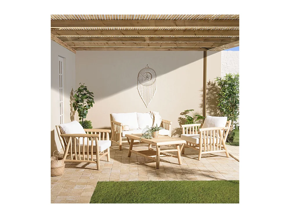 WILL - Ensemble BORNEO : canapé 2 p. 2 fauteuils 1 table basse en teck