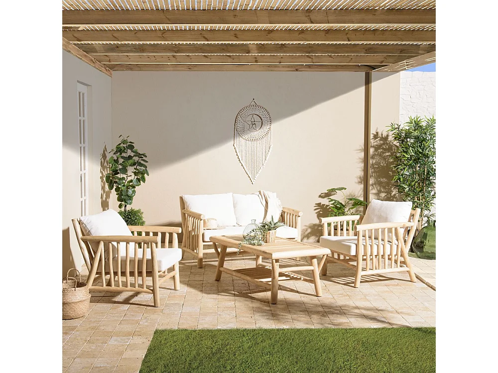 WILL - Ensemble canapé 2 p. 2 fauteuils 1 table basse en bois de teck