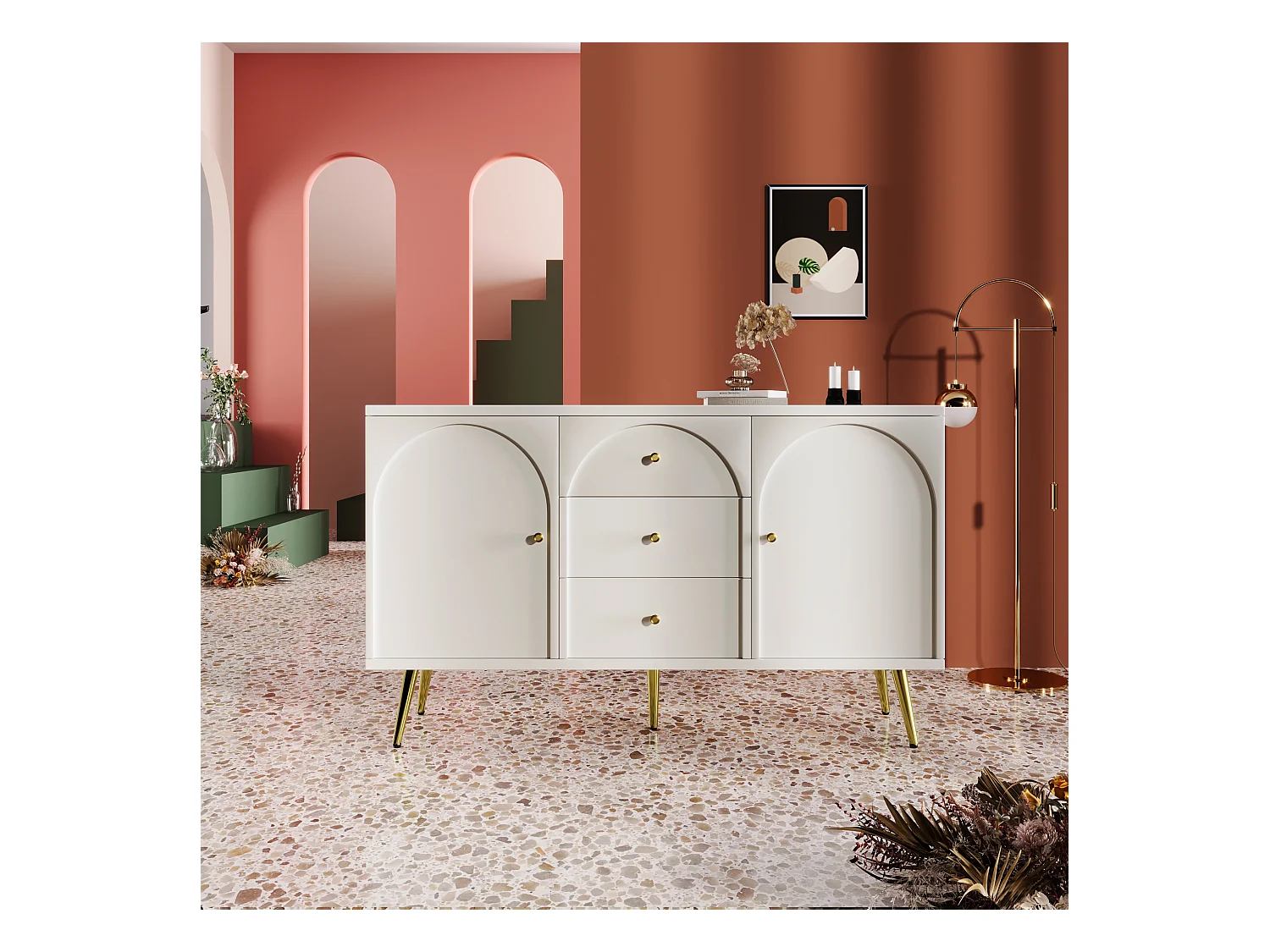 Commode avec 2 portes et 3 tiroirs commode à porte avec tiroirs étagère réglable pour salon chambre blanc crème