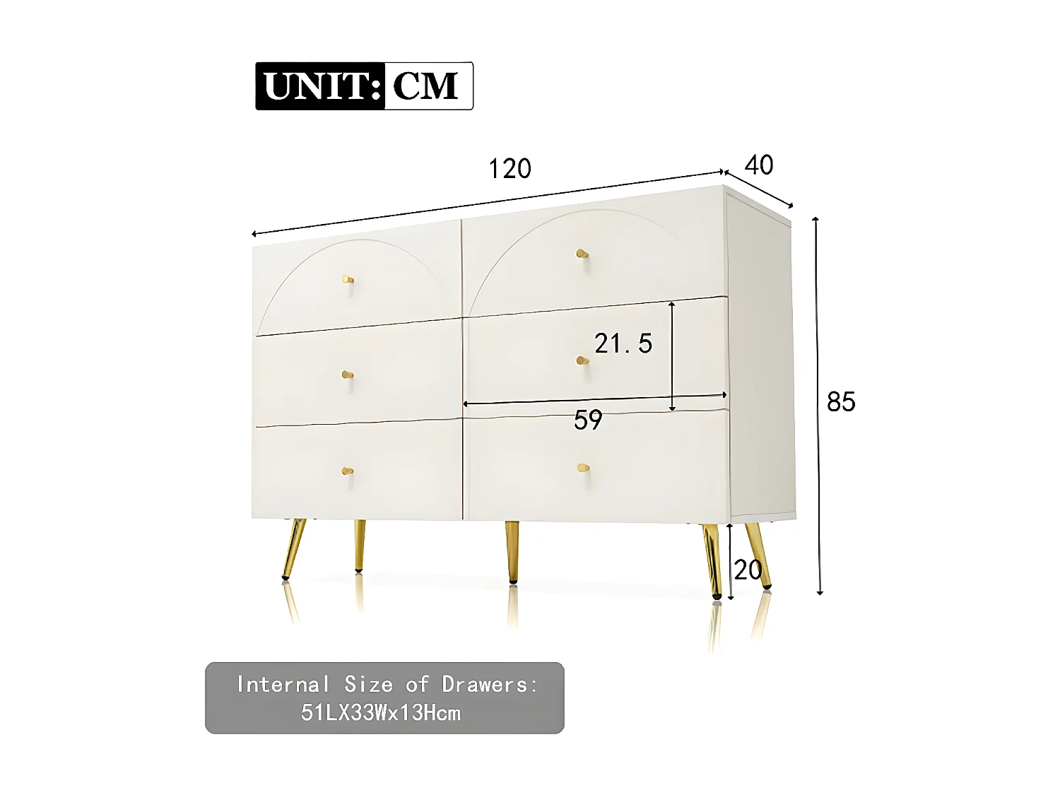 Commode à tiroirs avec 6 tiroirs buffet pour chambres et tous les salons blanc crème