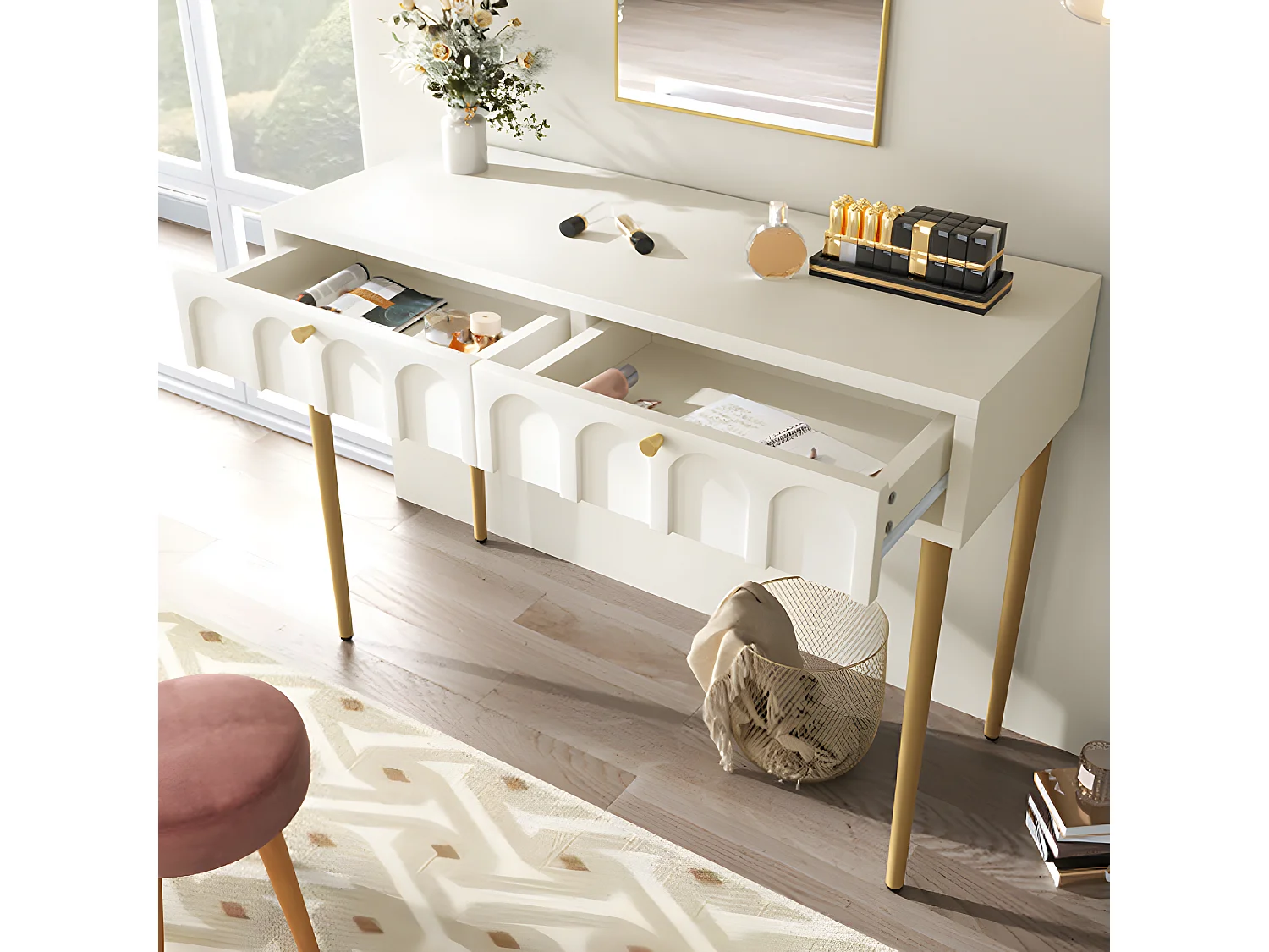 Commode Coiffeuse avec 2 tiroirs chambre buffet tiroir commode blanc crème