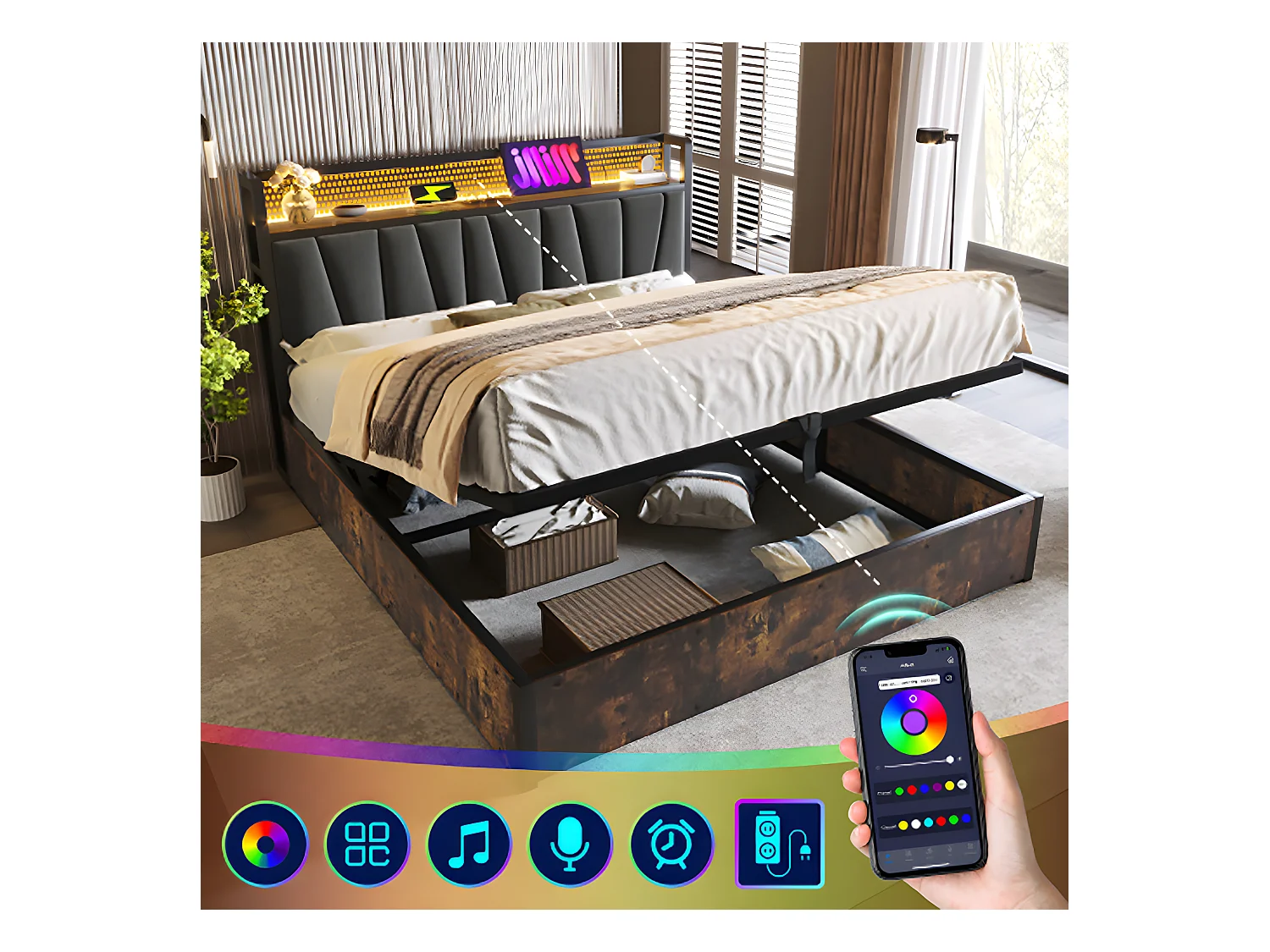 Lit adulte Lit coffre Lit rembourré lit en métal LED App Control lit double140x200 cm sommier à lattes en bois gris