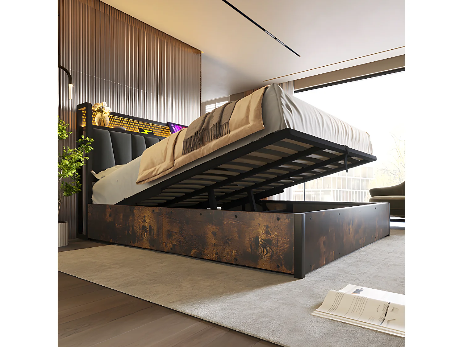 Lit adulte Lit coffre Lit rembourré lit en métal LED App Control lit double140x200 cm sommier à lattes en bois gris