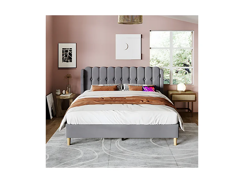 Lit adulte Lit rembourré lit double avec fonction de chargement USB Type C cadre de lit avec sommier à lattes lit 160 x 200 cm gris