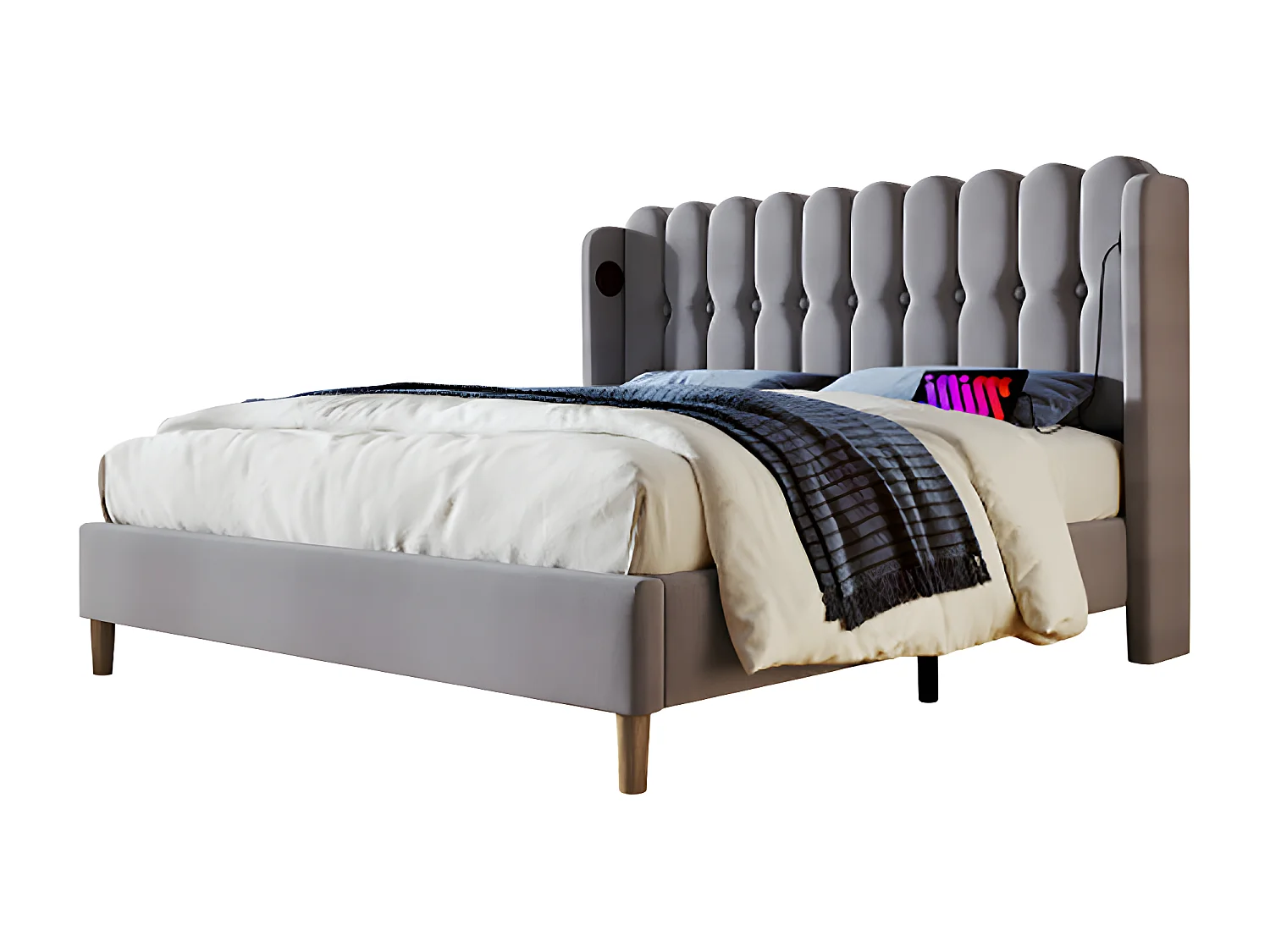 Lit adulte Lit rembourré lit double avec fonction de chargement USB Type C cadre de lit avec sommier à lattes lit 160 x 200 cm gris