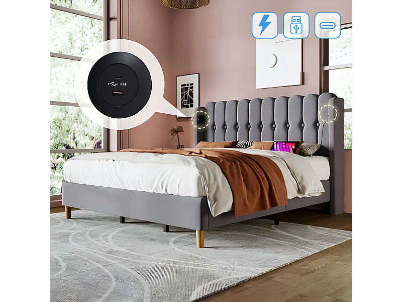 Lit adulte Lit rembourré lit double avec fonction de chargement USB Type C cadre de lit avec sommier à lattes lit 140 x 200 cm gris avec matelas