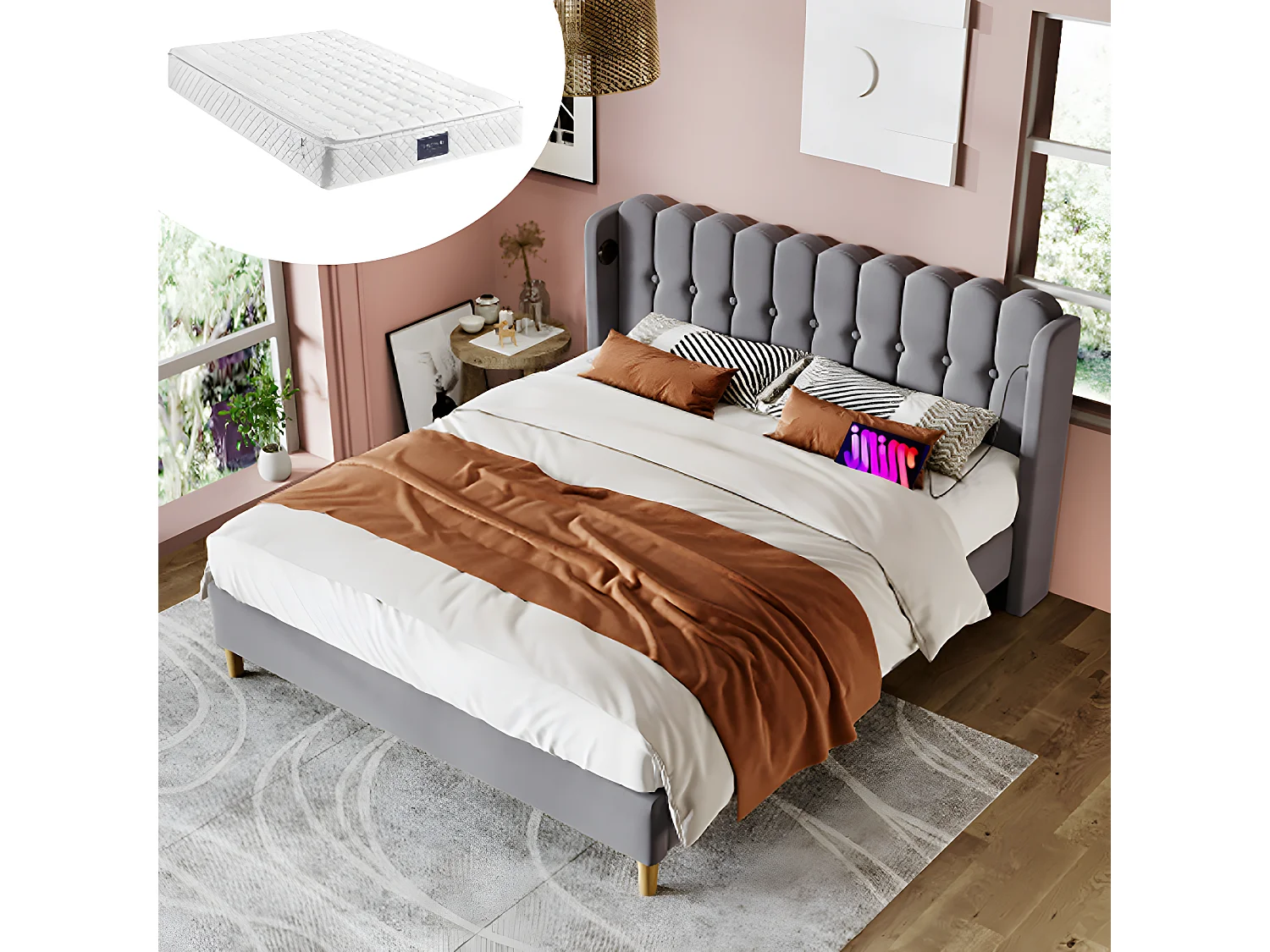 Lit adulte Lit rembourré lit double avec fonction de chargement USB Type C cadre de lit avec sommier à lattes lit 140 x 200 cm gris avec matelas