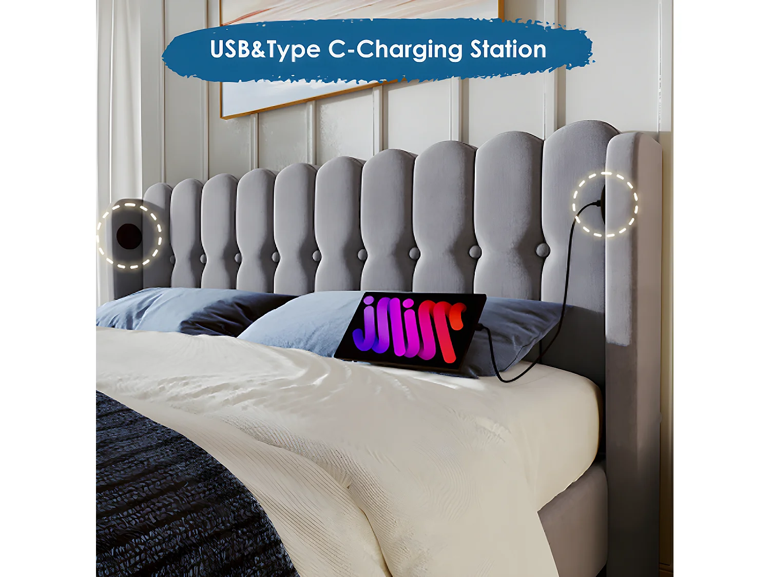 Lit adulte Lit rembourré lit double avec fonction de chargement USB Type C cadre de lit avec sommier à lattes lit 140 x 200 cm gris avec matelas