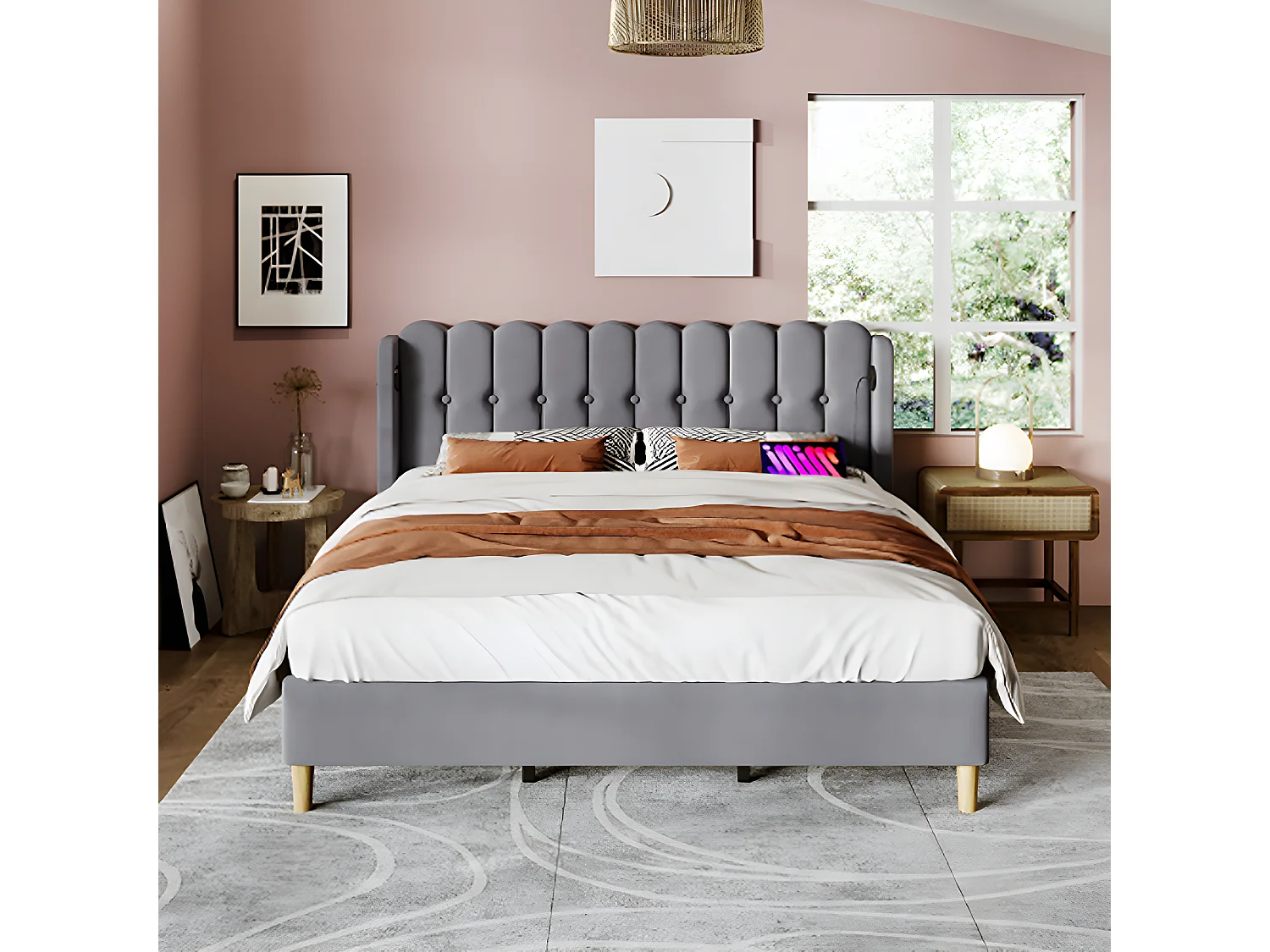 Lit adulte Lit rembourré lit double avec fonction de chargement USB Type C cadre de lit avec sommier à lattes lit 140 x 200 cm gris avec matelas