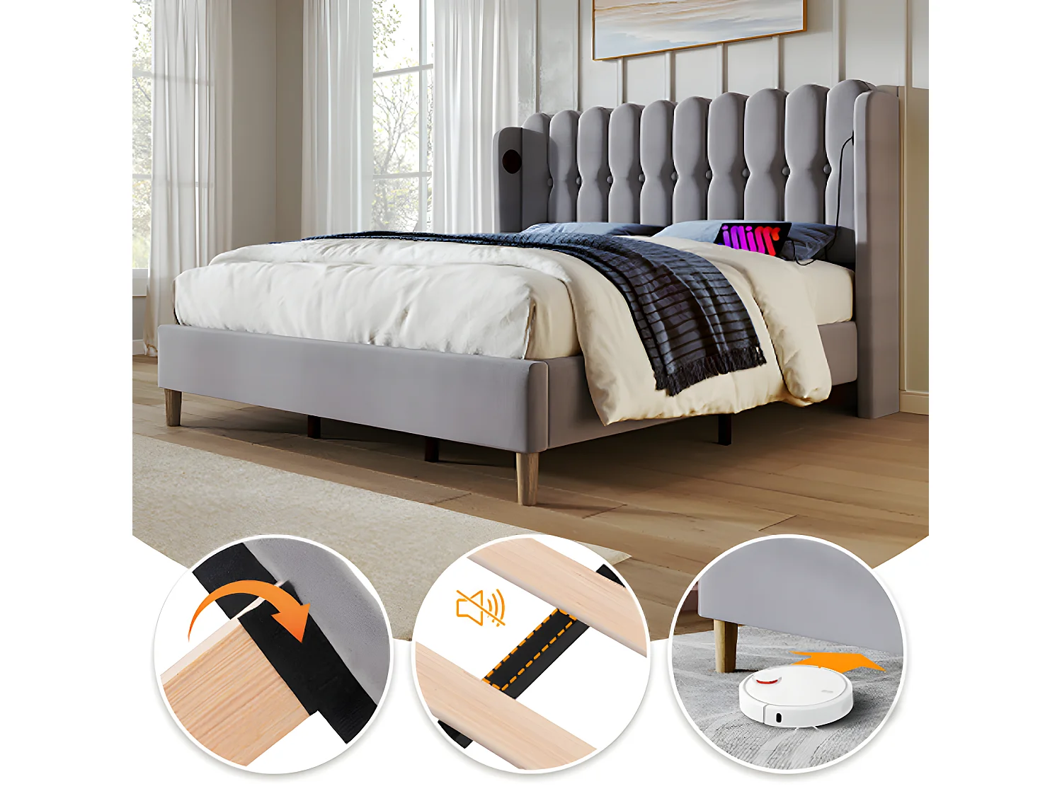 Lit adulte Lit rembourré lit double avec fonction de chargement USB Type C cadre de lit avec sommier à lattes lit 140 x 200 cm gris avec matelas