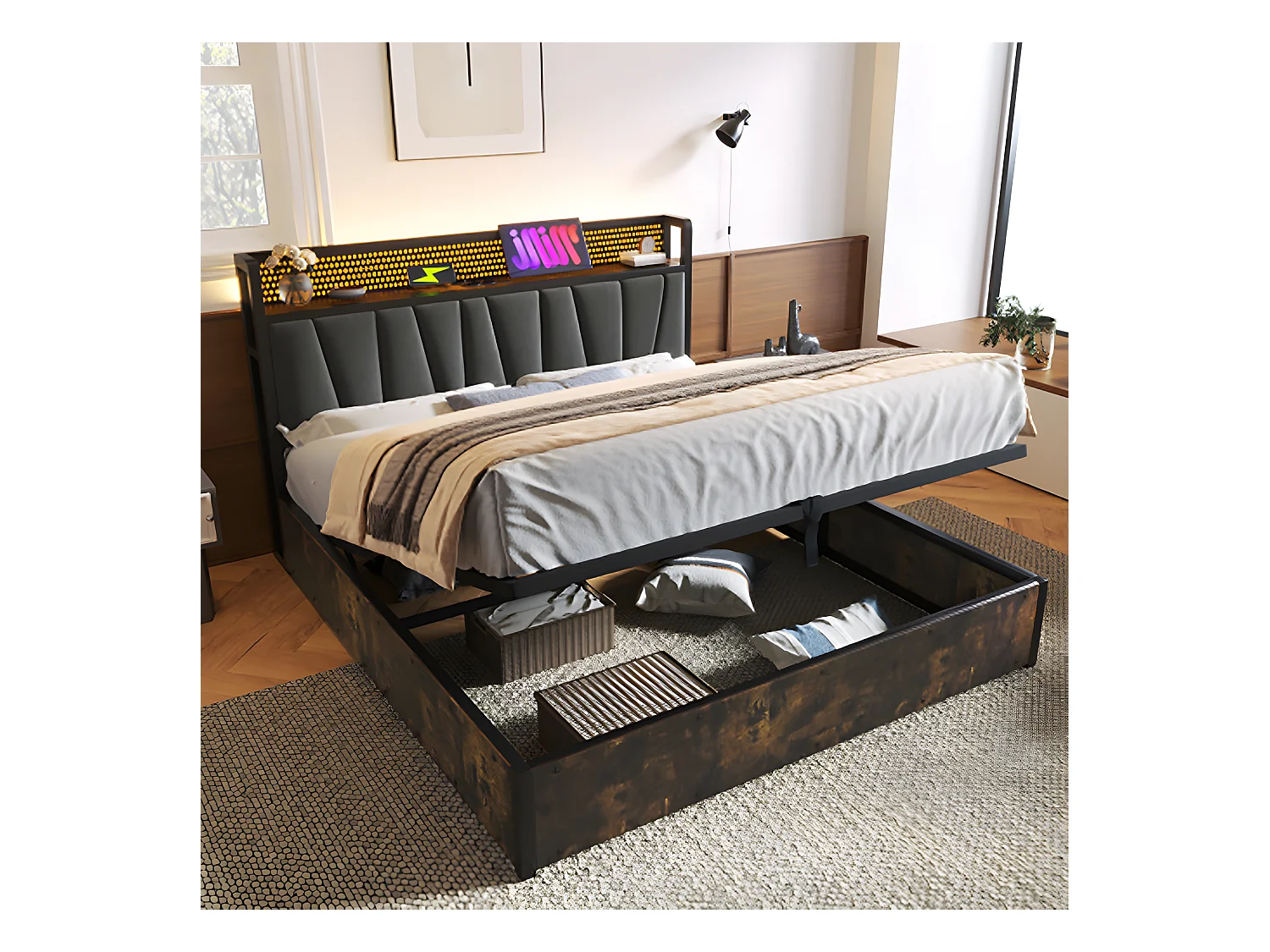 Lit adulte Lit coffre Lit rembourré lit en métal LED App Control lit double160x200 cm sommier à lattes en bois gris