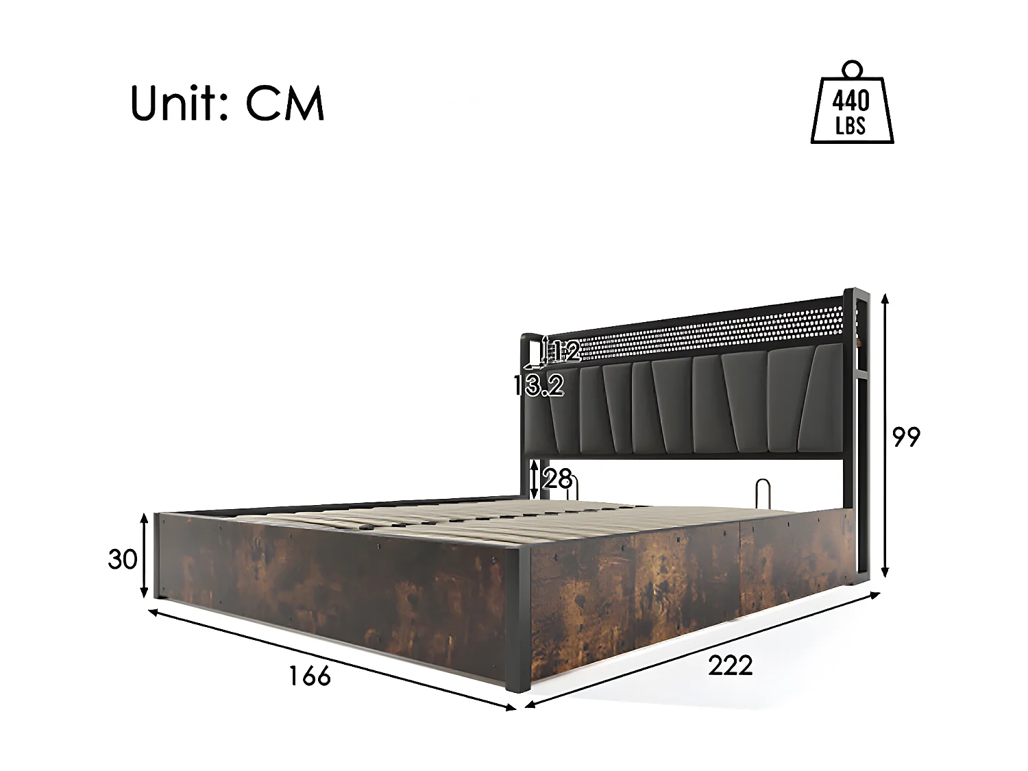 Lit adulte Lit coffre Lit rembourré lit en métal LED App Control lit double160x200 cm sommier à lattes en bois gris