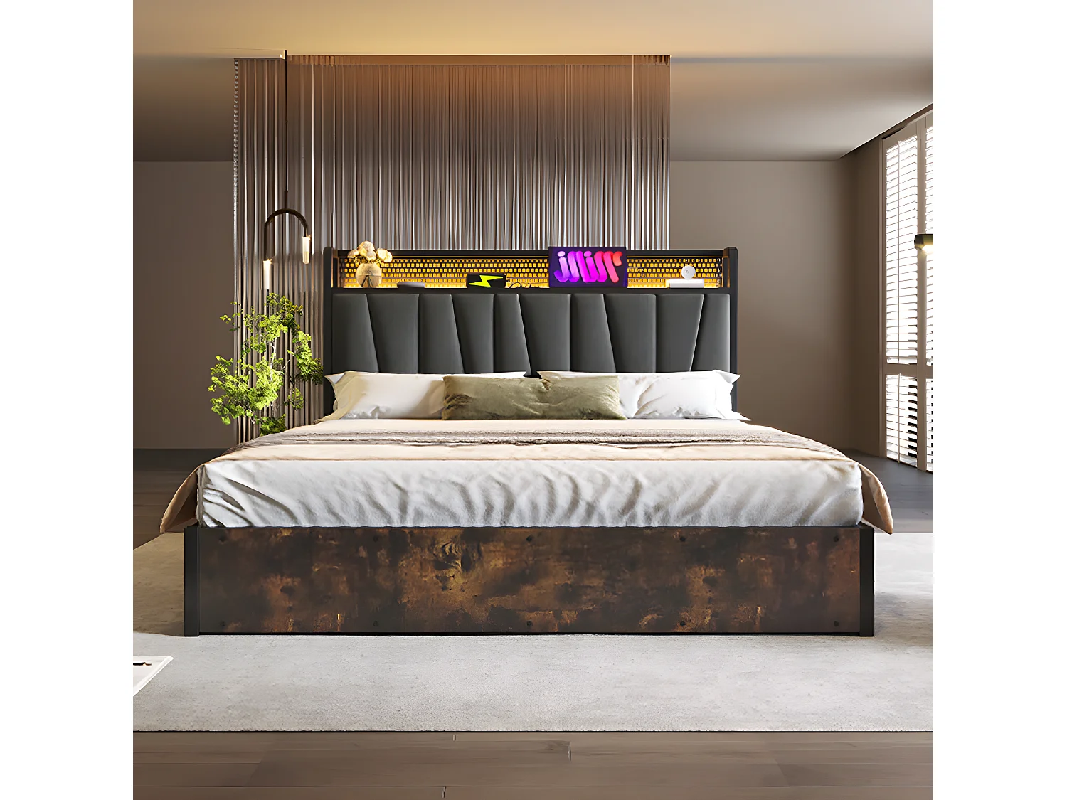 Lit adulte Lit coffre Lit rembourré lit en métal LED App Control lit double160x200 cm sommier à lattes en bois gris