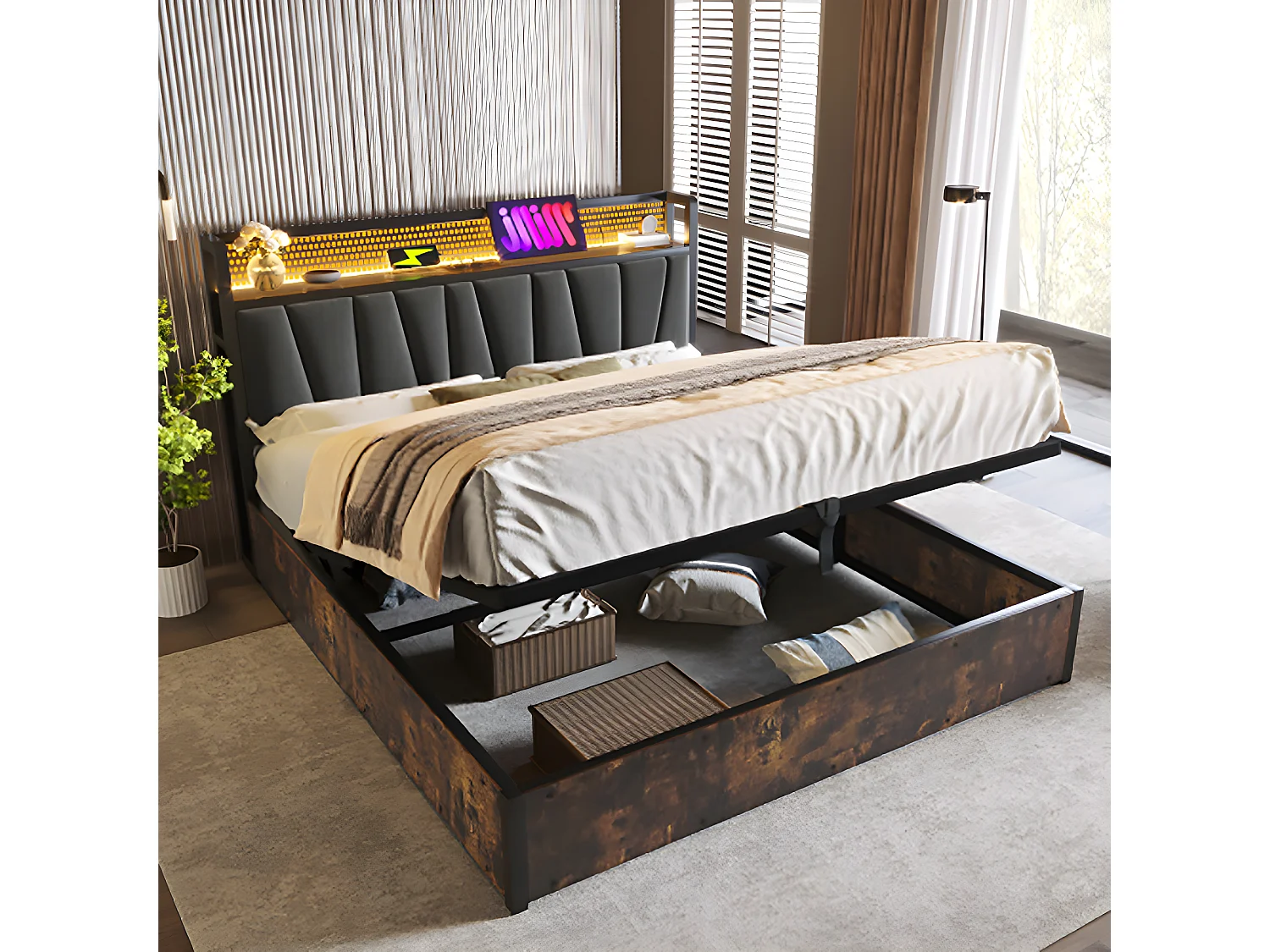 Lit adulte Lit coffre Lit rembourré lit en métal LED App Control lit double160x200 cm sommier à lattes en bois gris