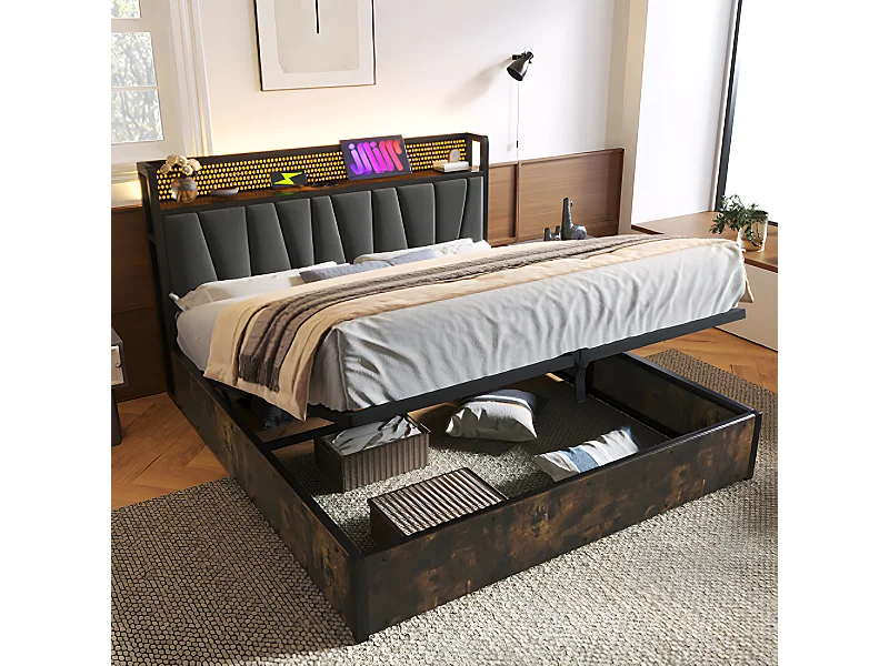 Lit adulte Lit coffre Lit rembourré lit en métal LED App Control lit double160x200 cm sommier à lattes en bois gris