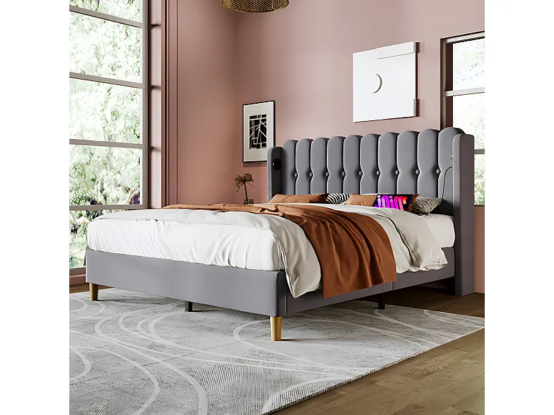 Lit adulte Lit rembourré lit double avec fonction de chargement USB Type C cadre de lit avec sommier à lattes lit 140 x 200 cm gris
