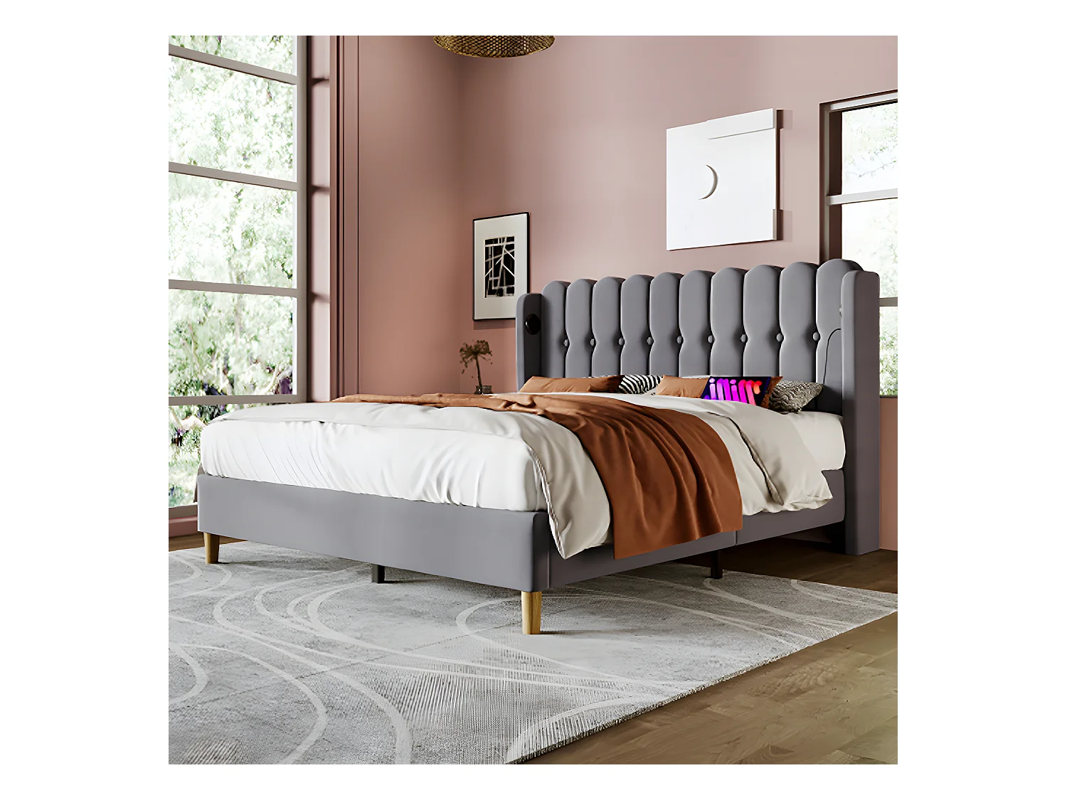 Lit adulte Lit rembourré lit double avec fonction de chargement USB Type C cadre de lit avec sommier à lattes lit 140 x 200 cm gris