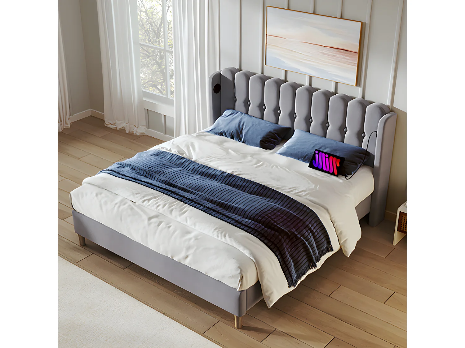 Lit adulte Lit rembourré lit double avec fonction de chargement USB Type C cadre de lit avec sommier à lattes lit 140 x 200 cm gris