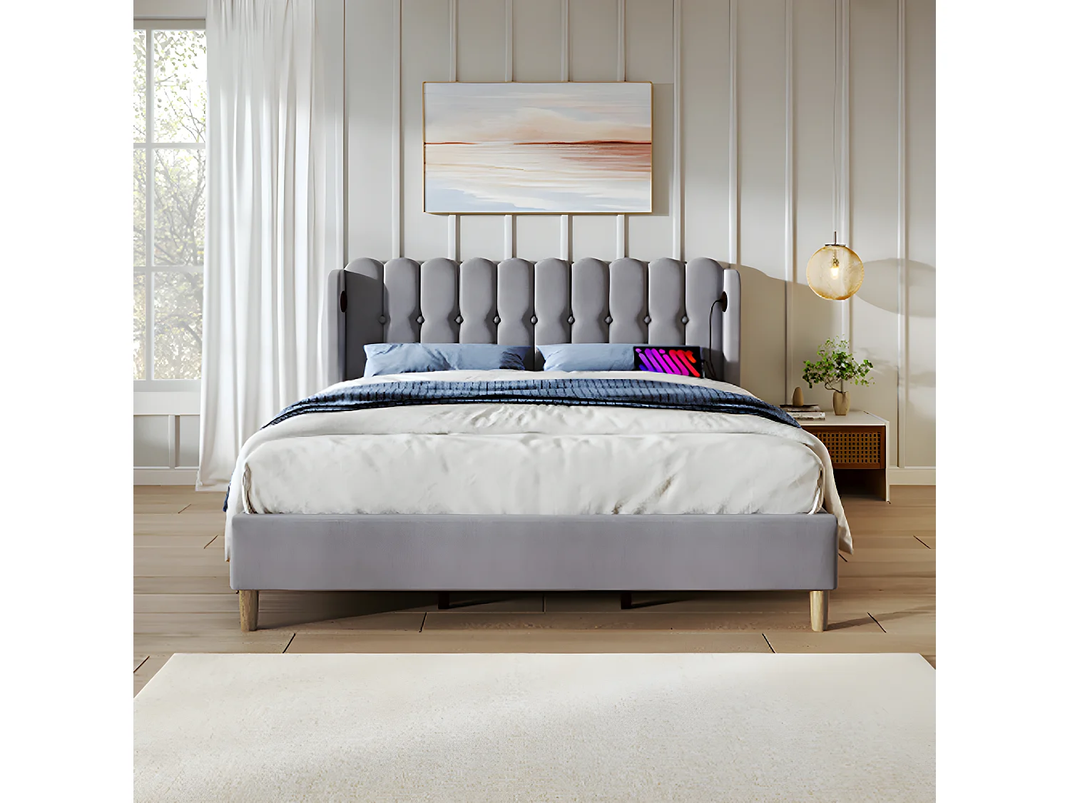 Lit adulte Lit rembourré lit double avec fonction de chargement USB Type C cadre de lit avec sommier à lattes lit 140 x 200 cm gris
