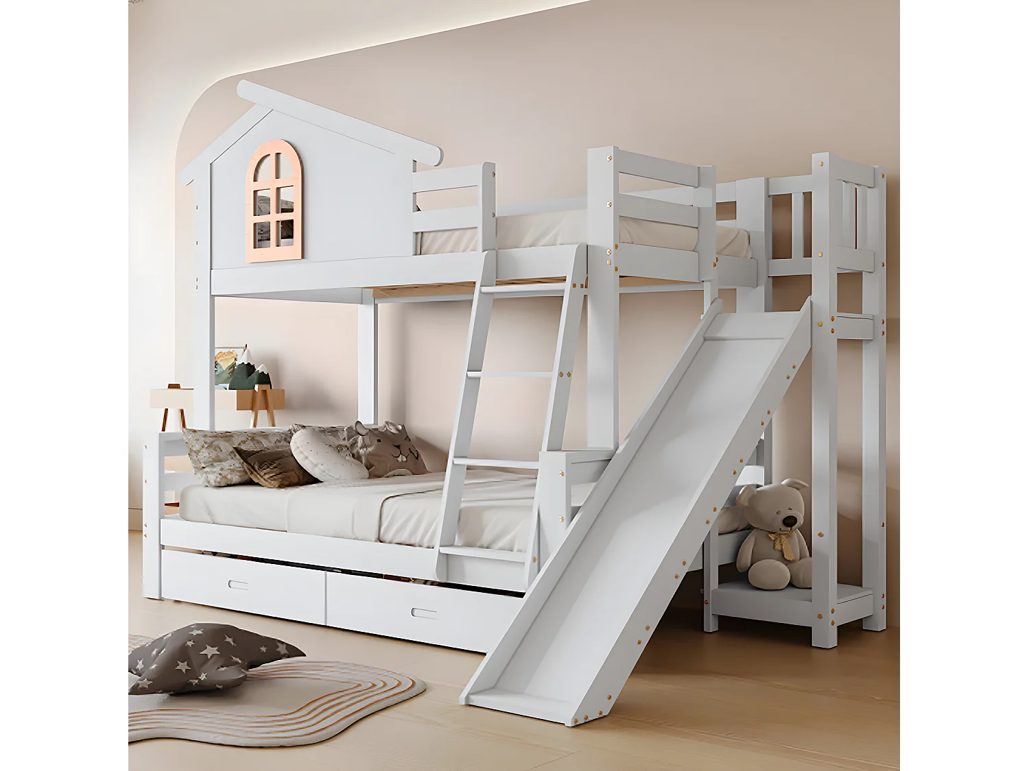 Lit superposé avec escalier lit enfant et mère avec toboggan deux tiroirs blanc 90x200cm et 120x200cm