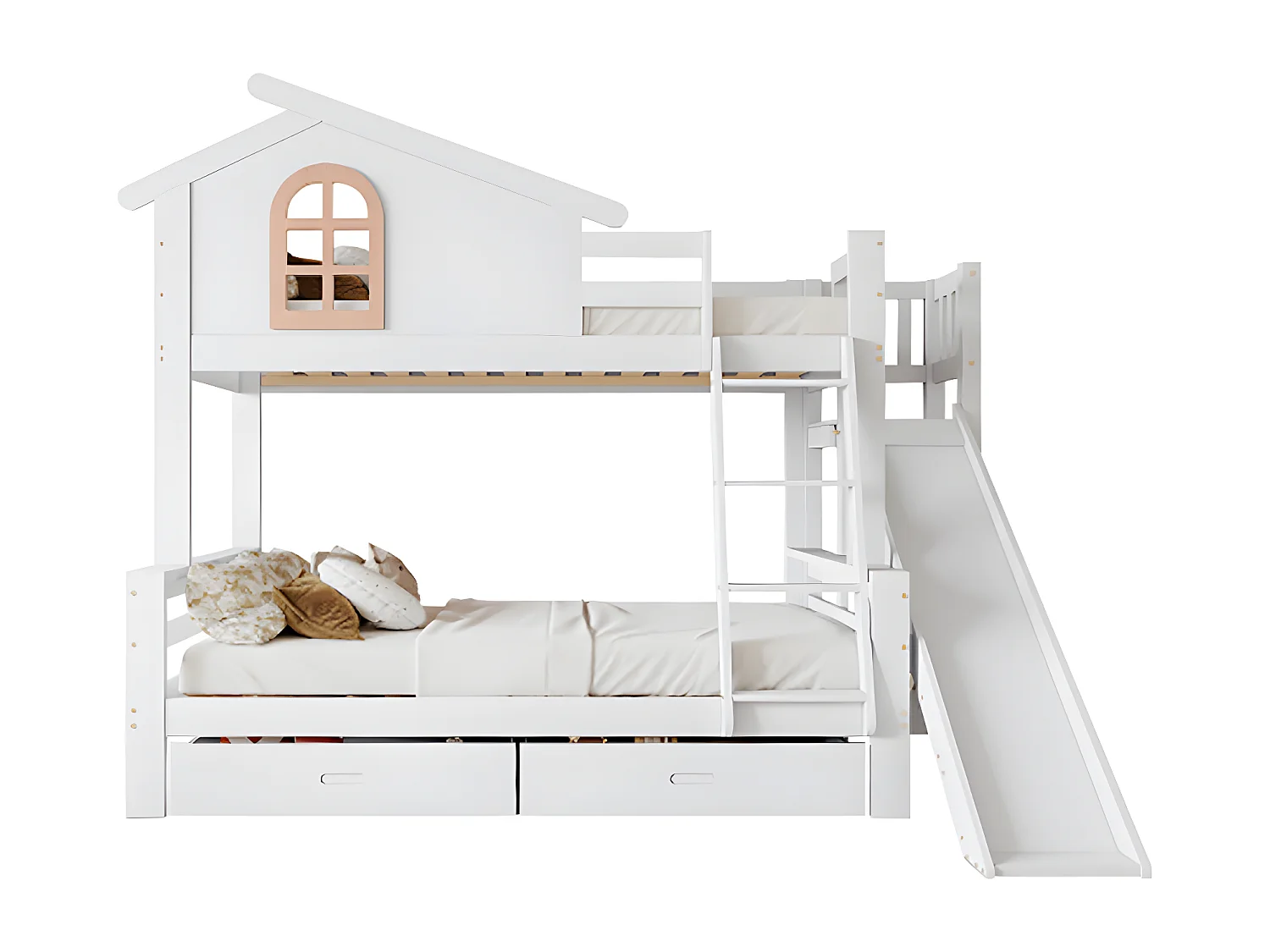 Lit superposé avec escalier lit enfant et mère avec toboggan deux tiroirs blanc 90x200cm et 120x200cm