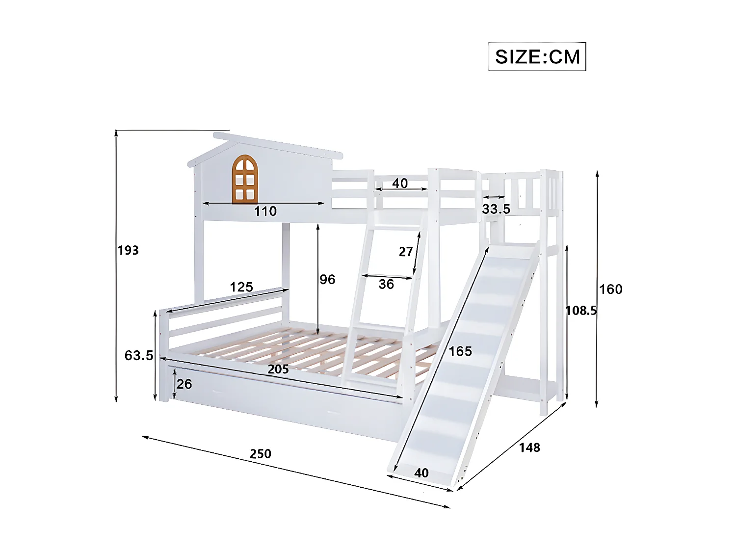 Lit superposé avec escalier lit enfant et mère avec toboggan deux tiroirs blanc 90x200cm et 120x200cm