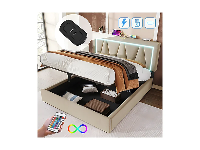 Lit adulte Lit coffre lit double LED avec fonction de chargement USB Type C et éclairage LED lits de rangementm Lit rembourré 160x200 Beige