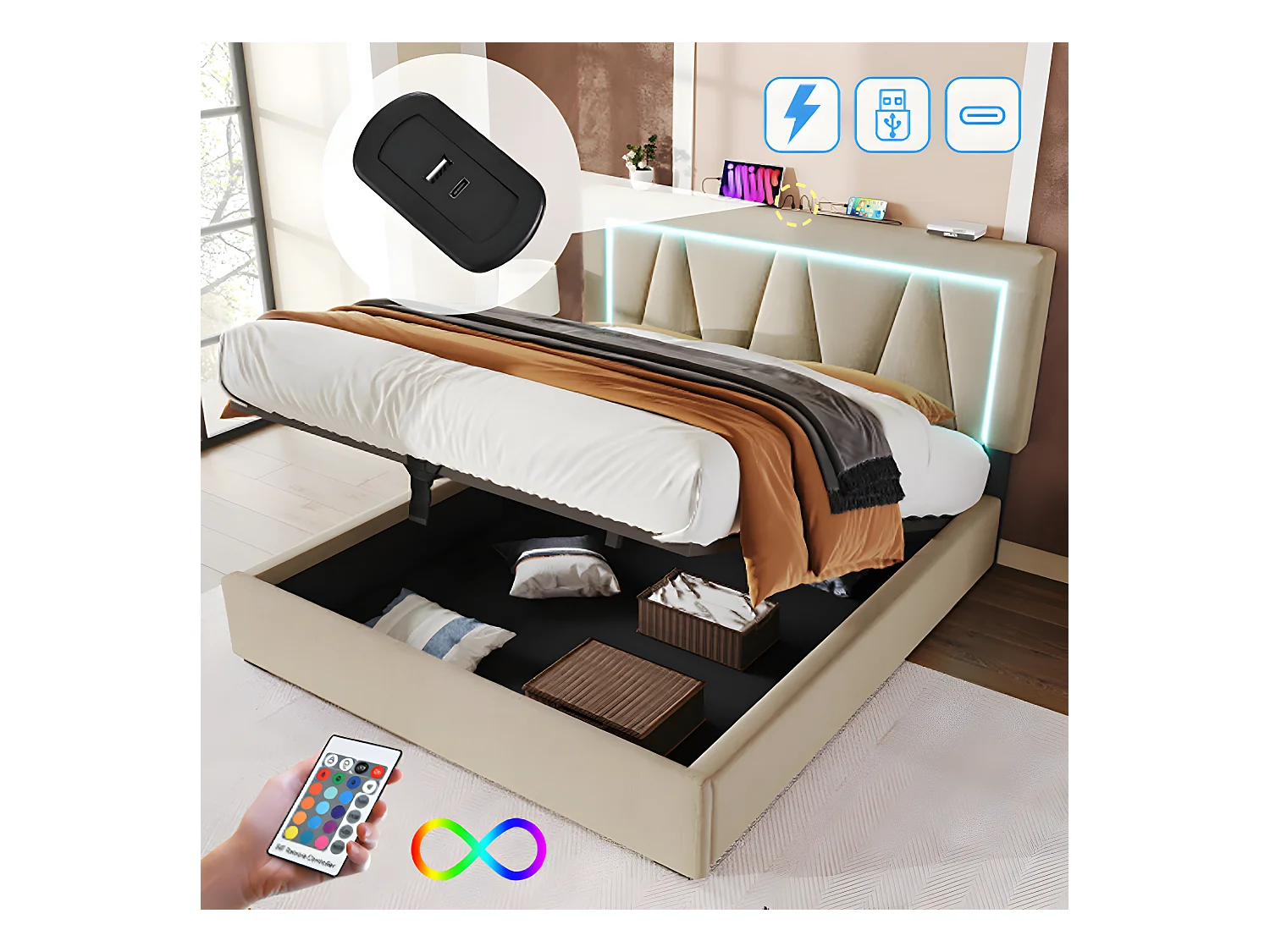 Lit adulte Lit coffre lit double LED avec fonction de chargement USB Type C et éclairage LED lits de rangementm Lit rembourré 160x200 Beige