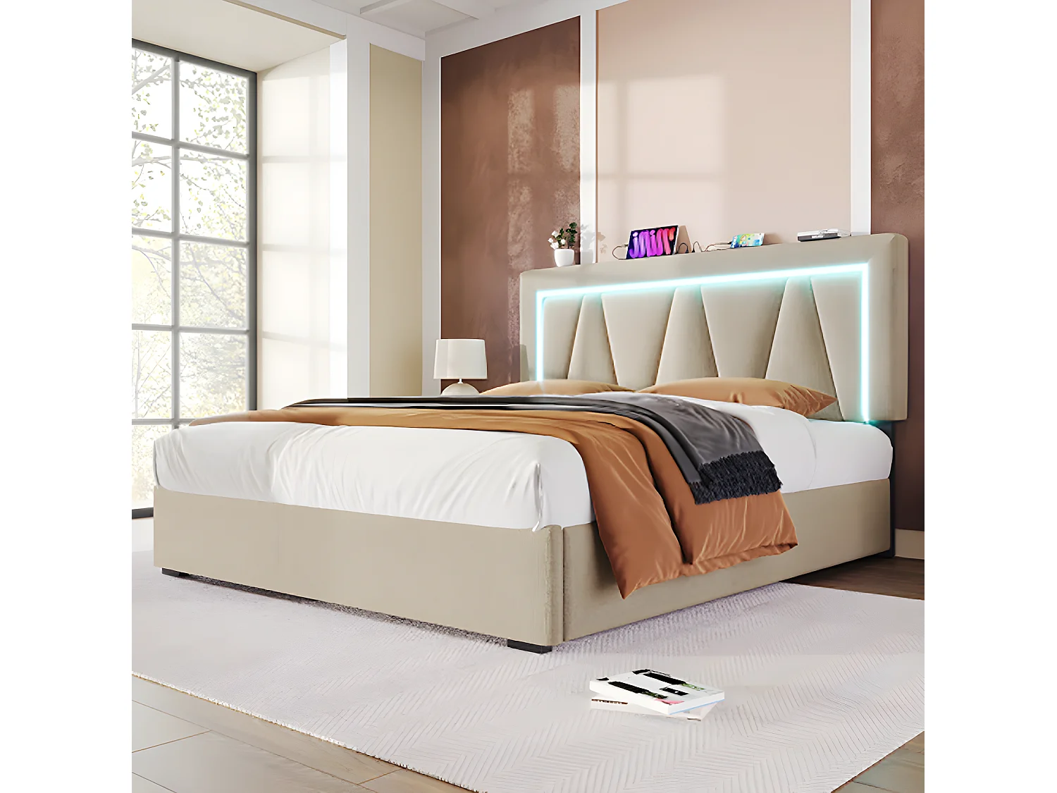 Lit adulte Lit coffre lit double LED avec fonction de chargement USB Type C et éclairage LED lits de rangementm Lit rembourré 160x200 Beige